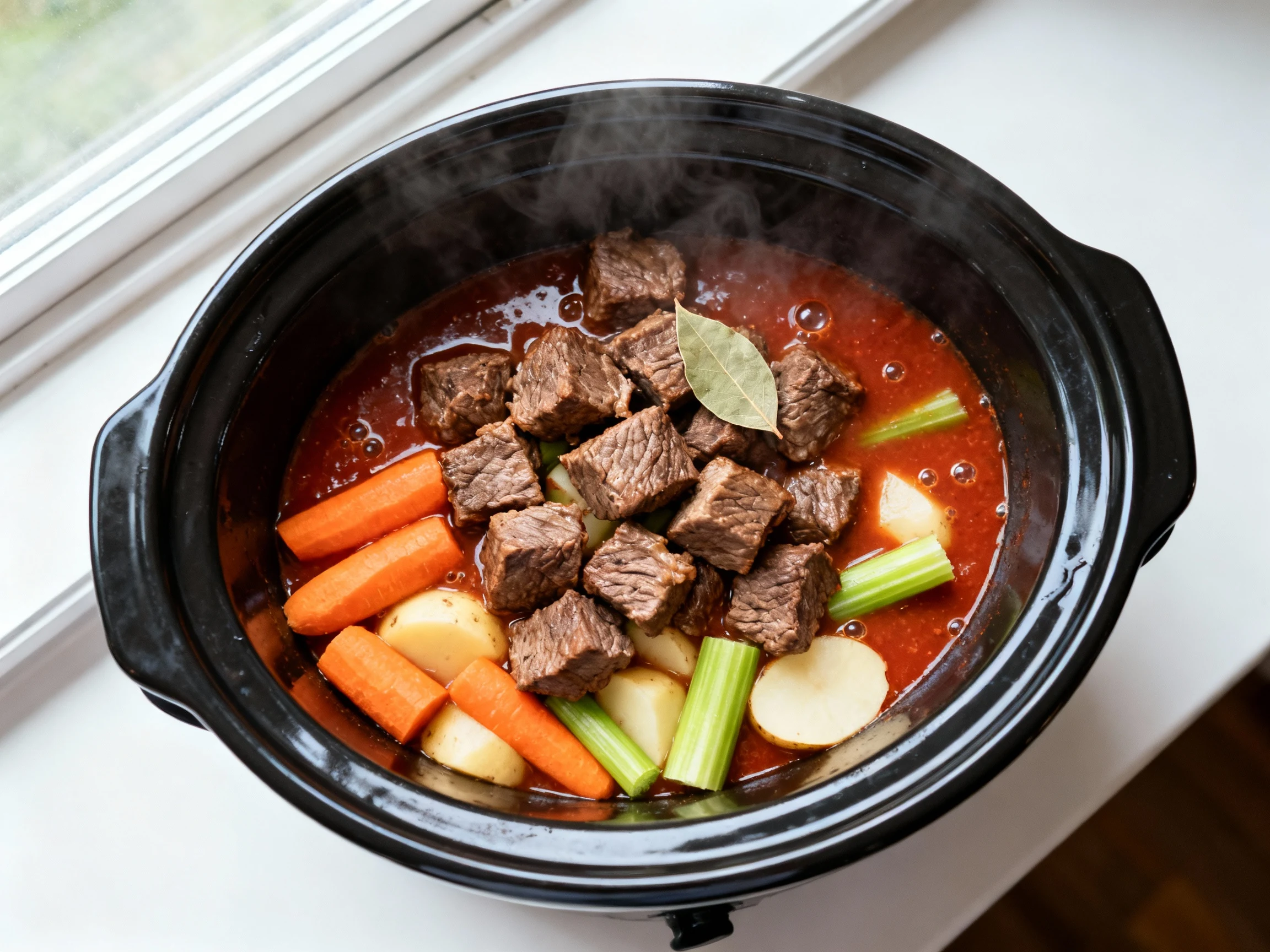 Food photography, Top-down shot inside the slow cooker mid-simmer: browned beef cubes over evenly layered carrots, potat