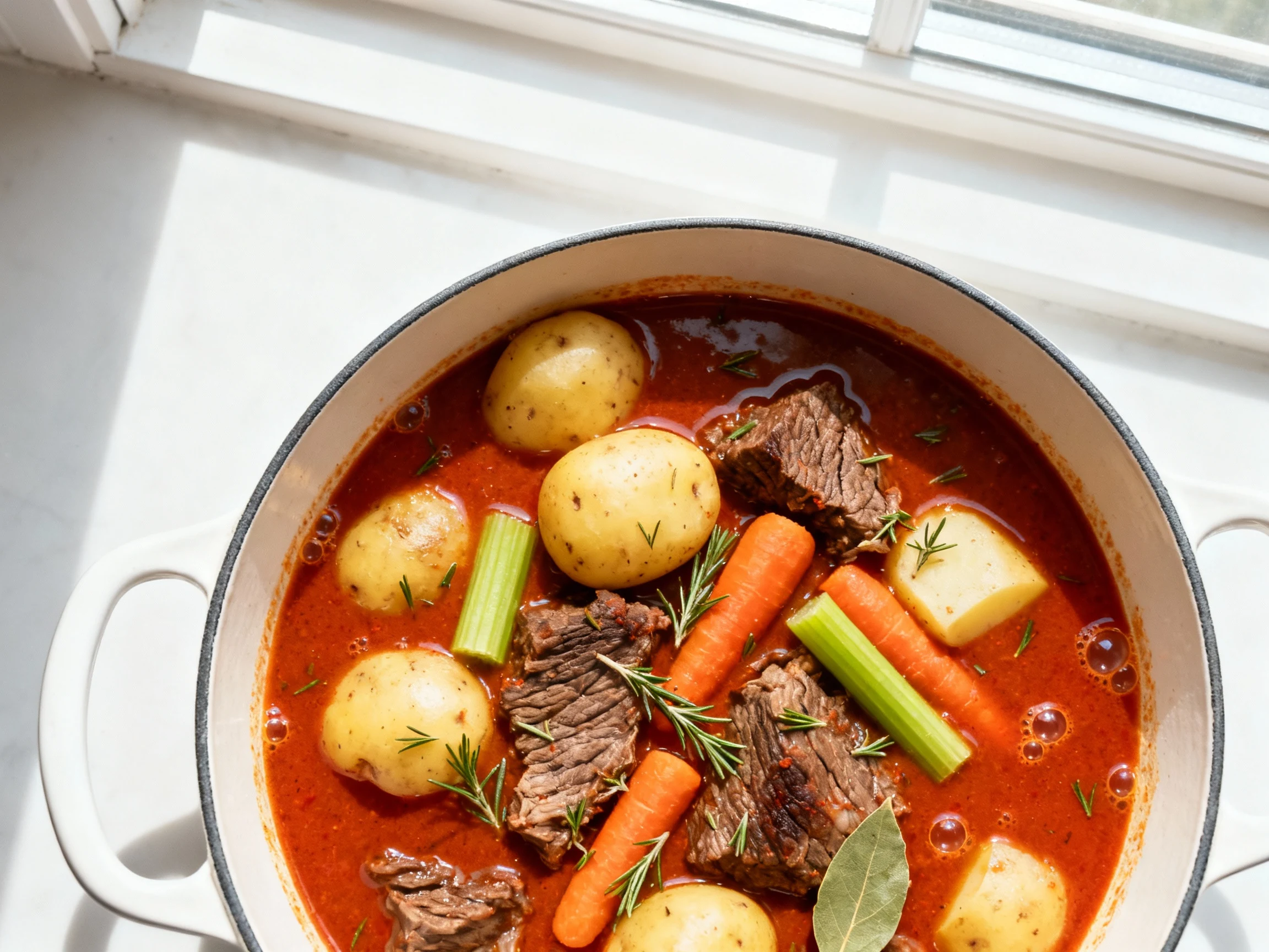 Food photography, Overhead shot of the stew at a gentle simmer: tender beef, Yukon Gold potatoes, carrots, and celery in