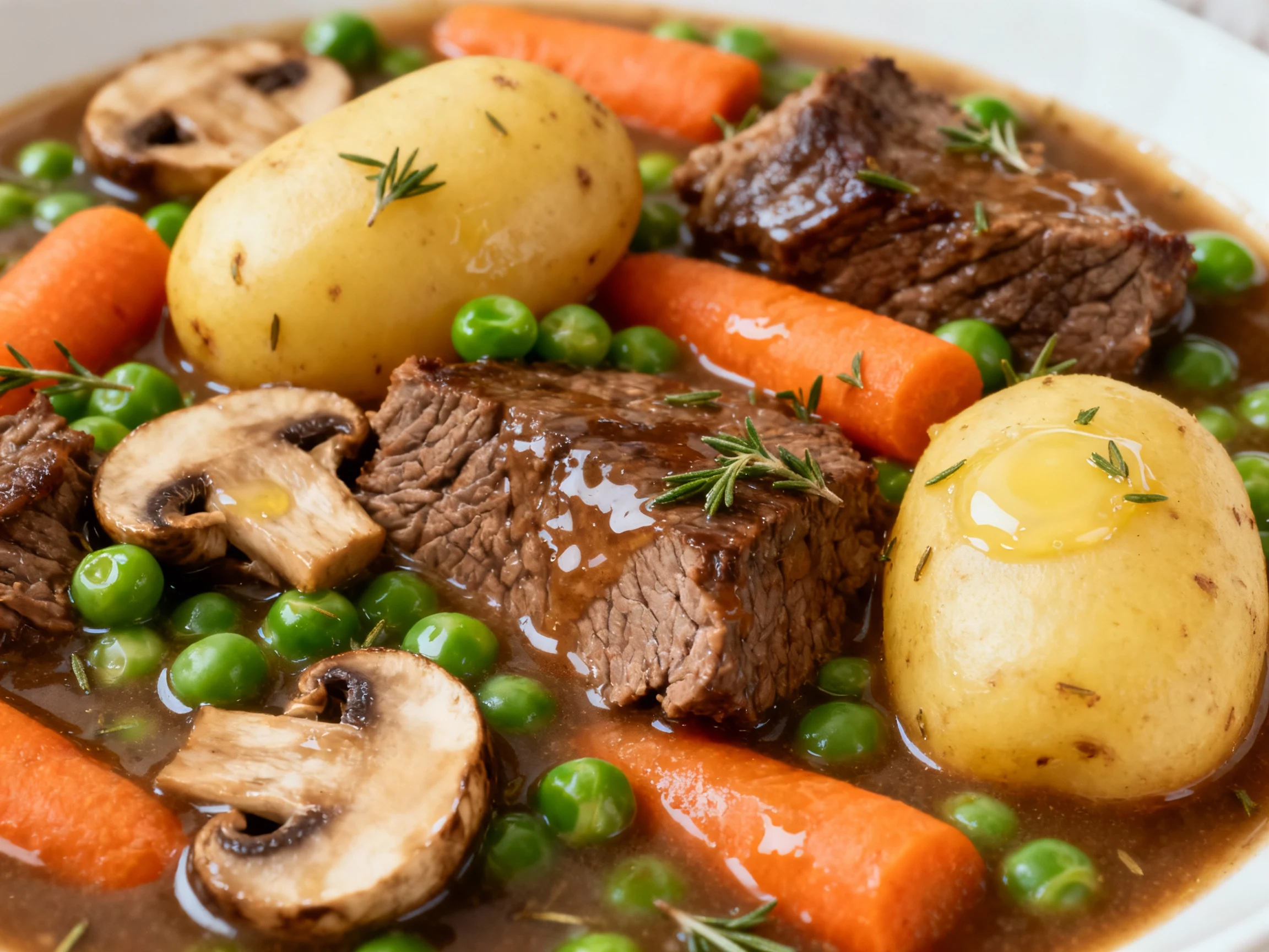 Food photography, Close-up of tender beef in glossy, silky gravy with intact 1-inch Yukon Gold potatoes, carrots, and qu