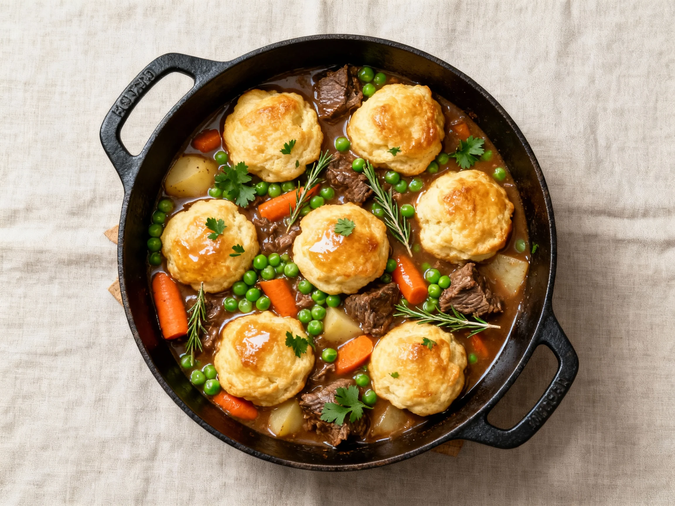 Food photography, Overhead shot of beef stew and dumplings in a cast-iron Dutch oven: golden-topped dumplings spaced ove