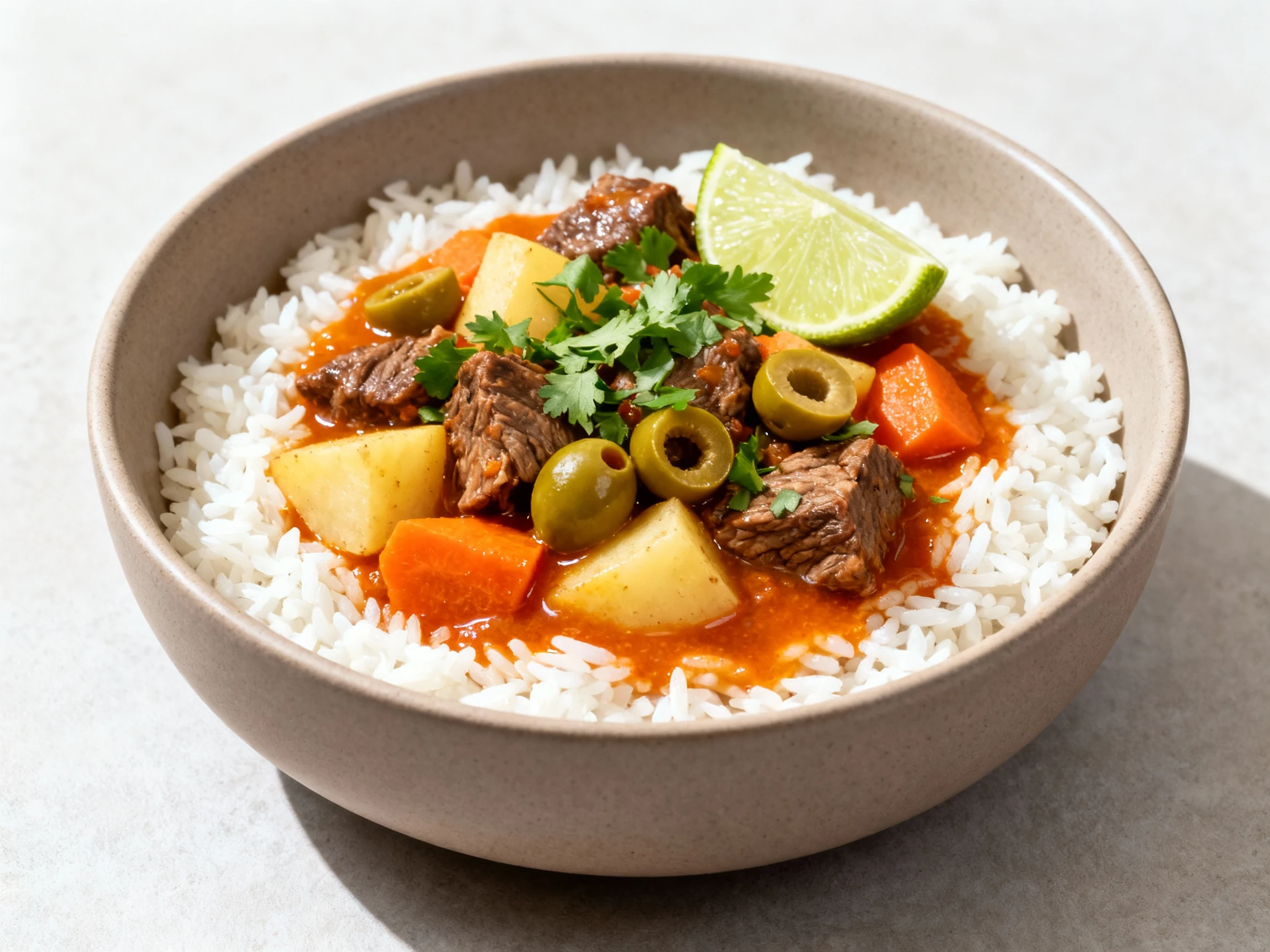 Food photography, 2. Beautifully plated Puerto Rican beef stew over hot white rice in a matte ceramic bowl: tender beef,