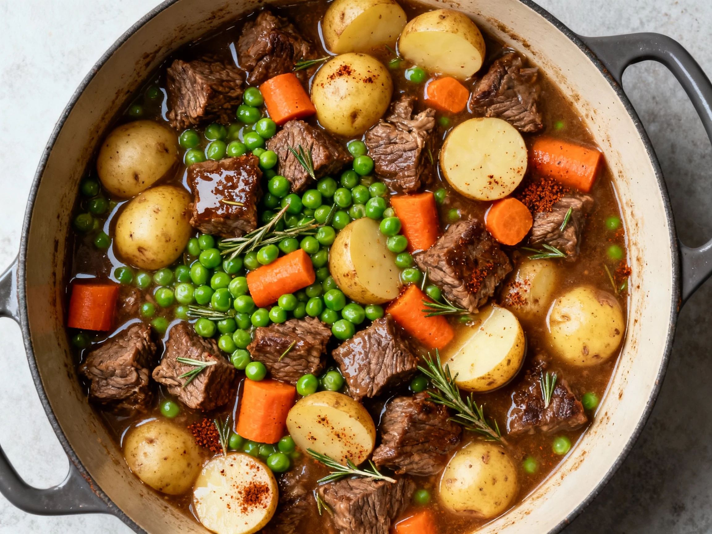 Food photography, Overhead shot of simmering beef stew in a Dutch oven: browned chuck cubes, halved baby Yukon Gold pota