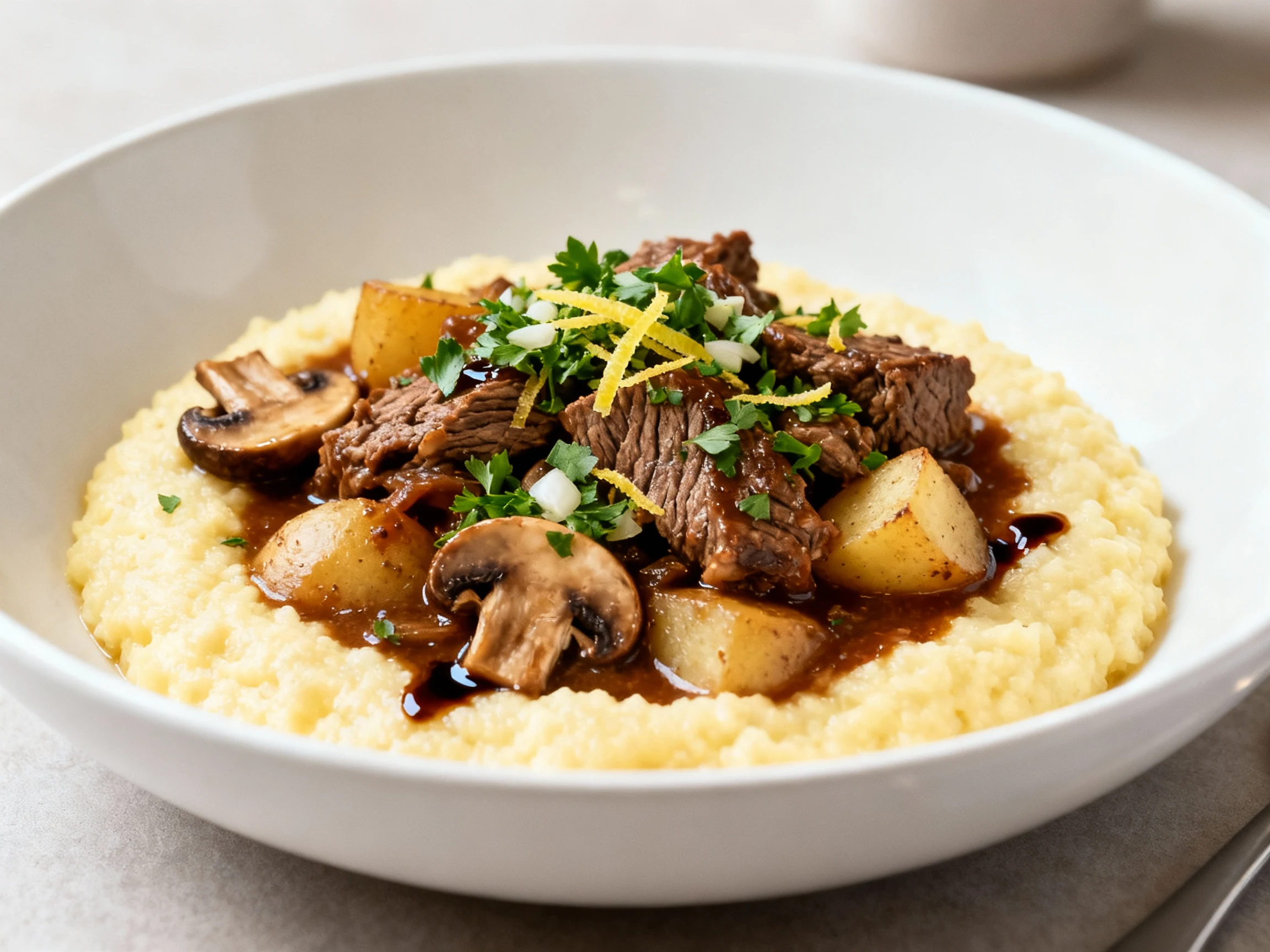 Food photography, Beautifully plated Italian beef stew over creamy polenta in a wide matte-white bowl: fork-tender beef,