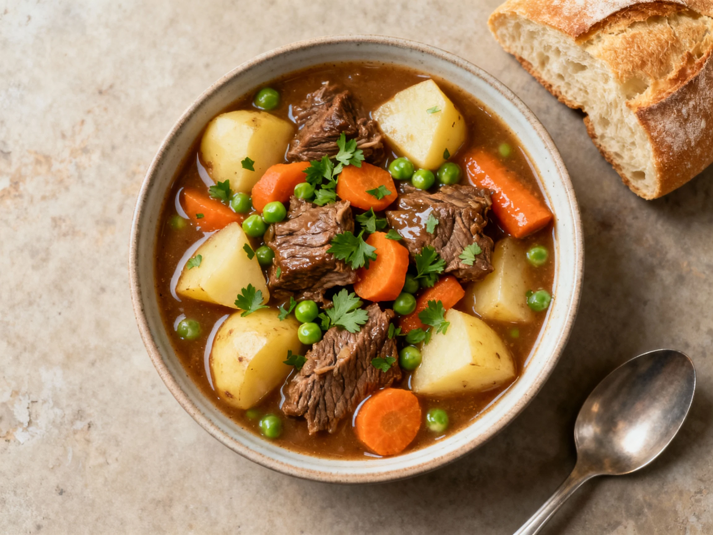 Food photography, Overhead shot of a restaurant-quality bowl of beef stew: evenly cut potatoes, carrots, peas, and fork-