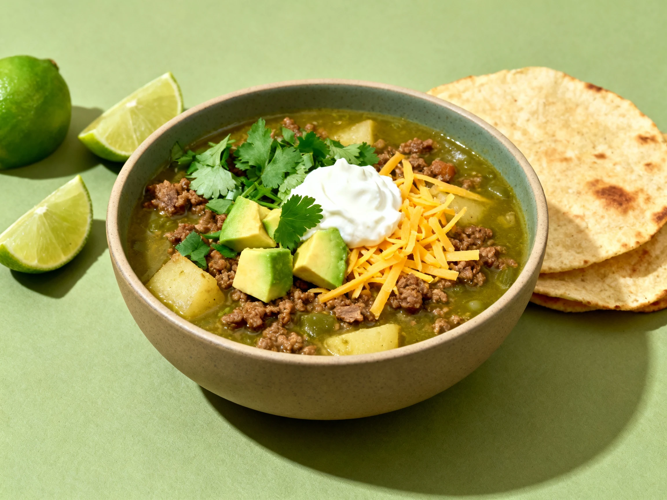 Food photography, Beautifully plated green chili stew with ground beef in a matte ceramic bowl, topped with chopped cila