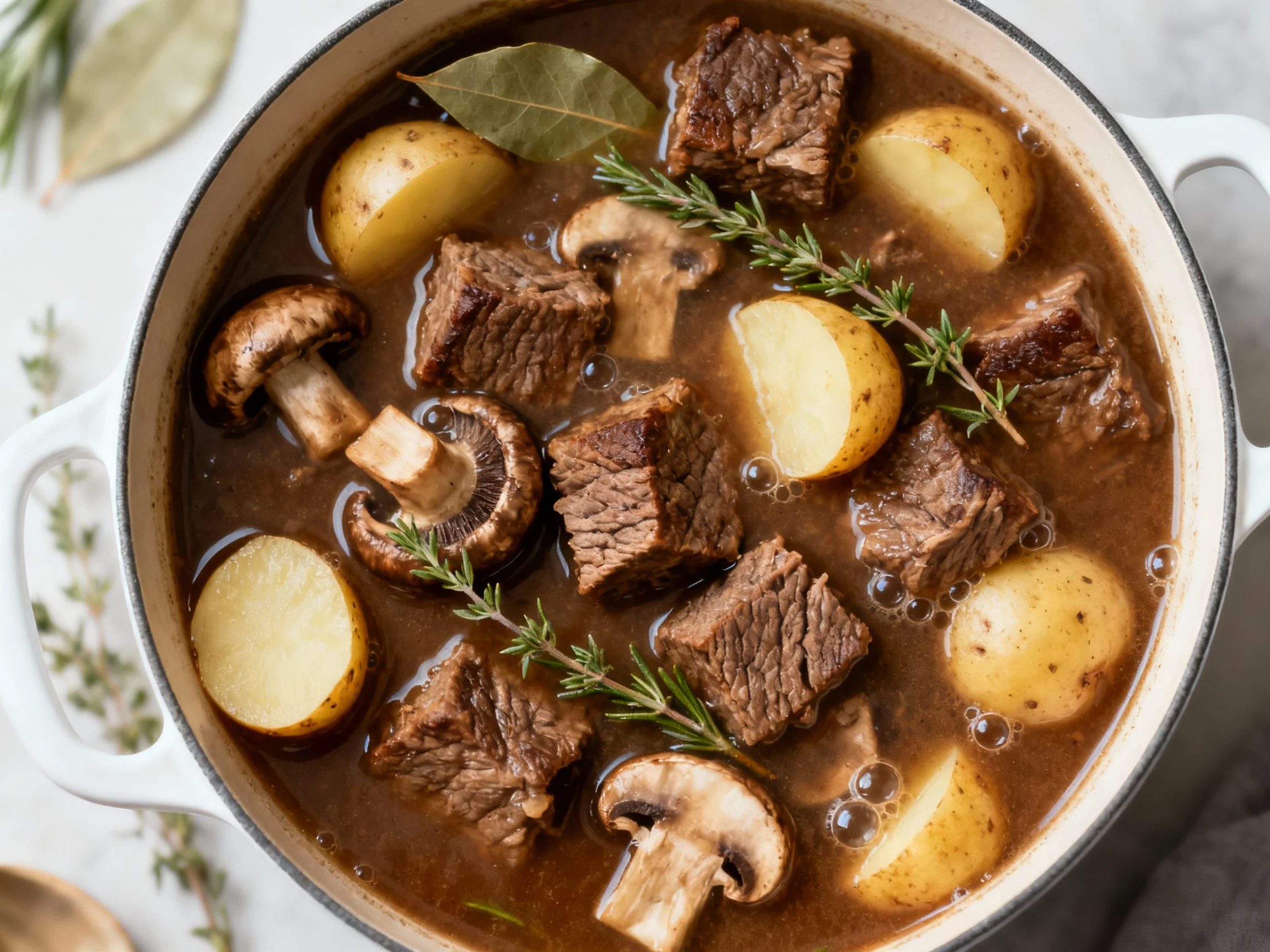 Food photography, 2. Overhead shot of beef stew at a gentle simmer: mahogany broth with browned chuck cubes, halved baby