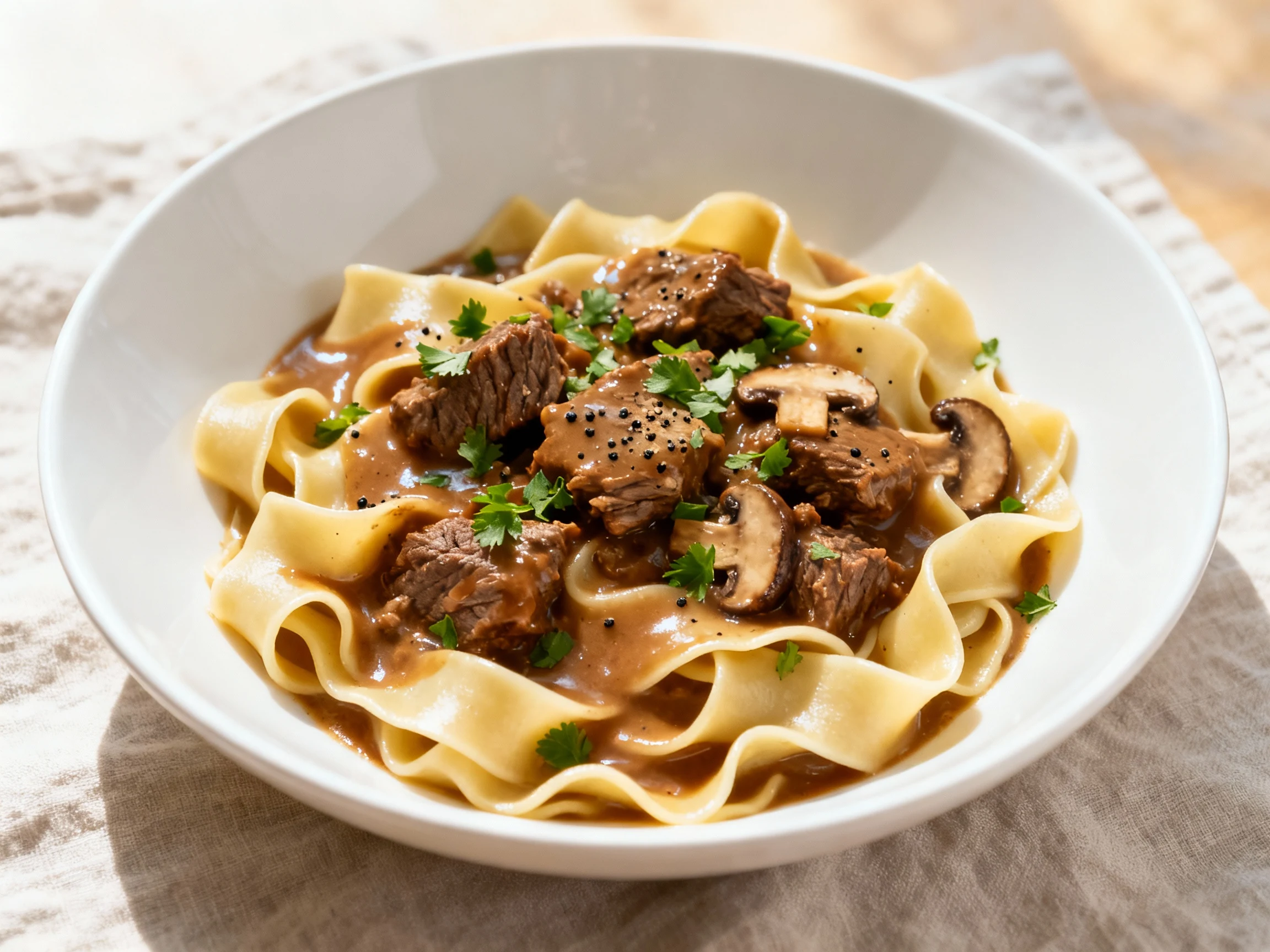 Food photography, Overhead shot of crockpot beef and noodles: wide egg noodles just al dente coated in silky brown gravy