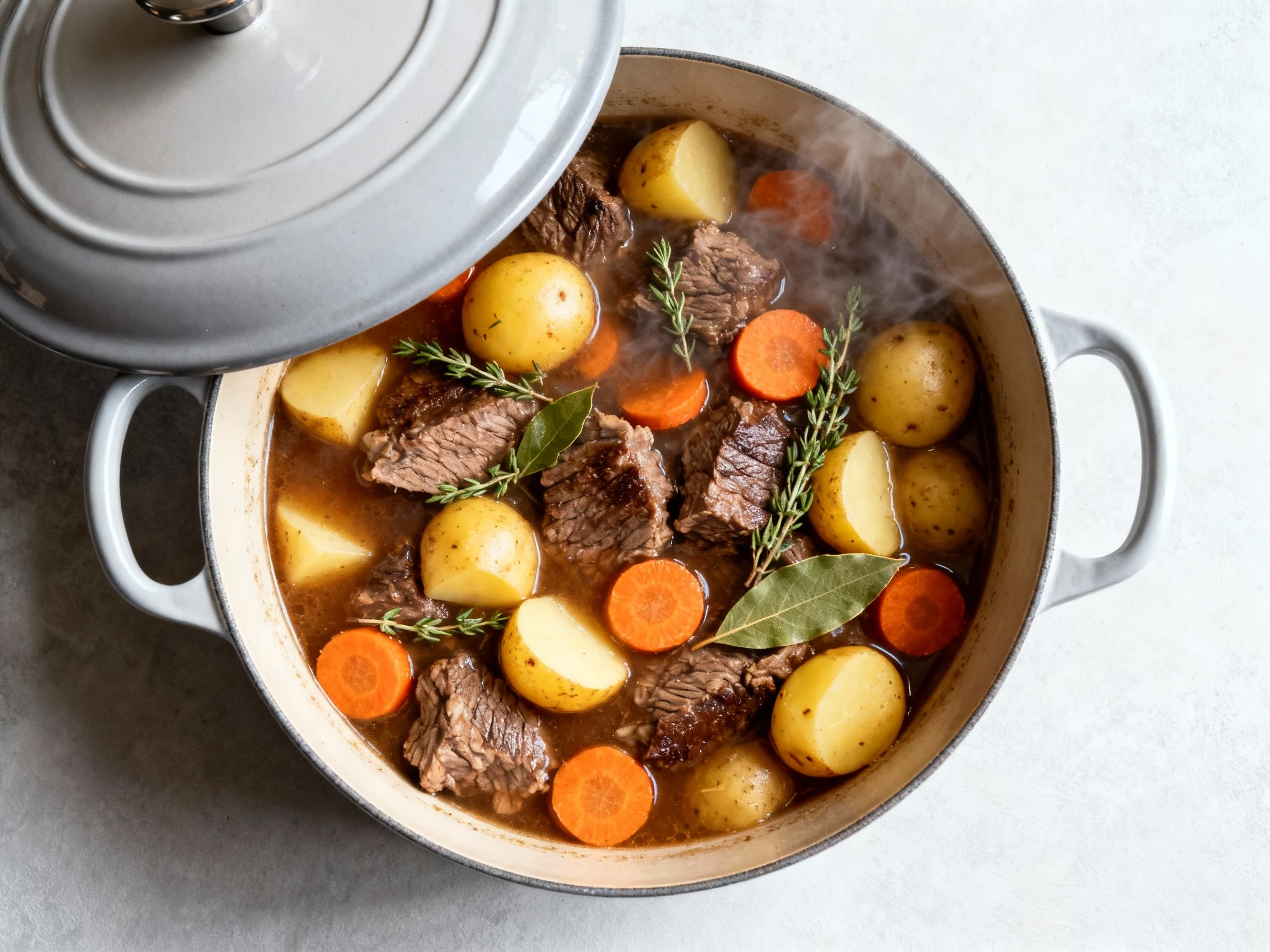 Food photography, Overhead shot of a lively simmering one-pot stew: beef, quartered baby gold potatoes, carrot rounds, t