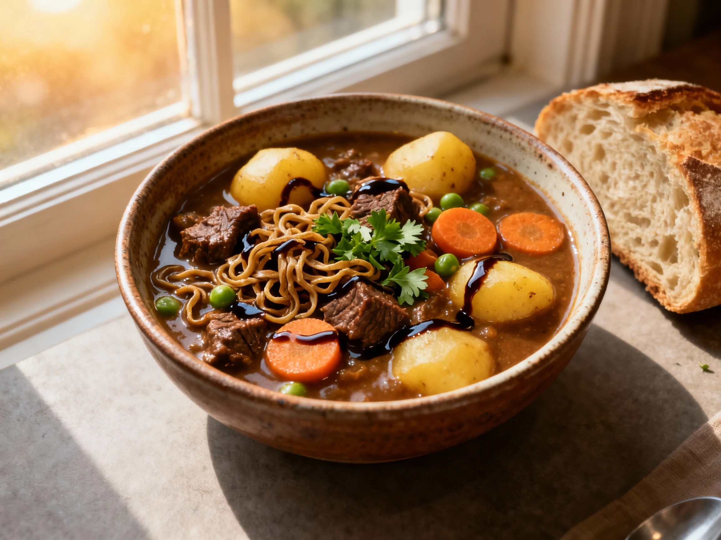 Food photography, 2. Tasty top view: overhead shot of vegan beef stew in rustic bowls—thick, glossy gravy with gold pota