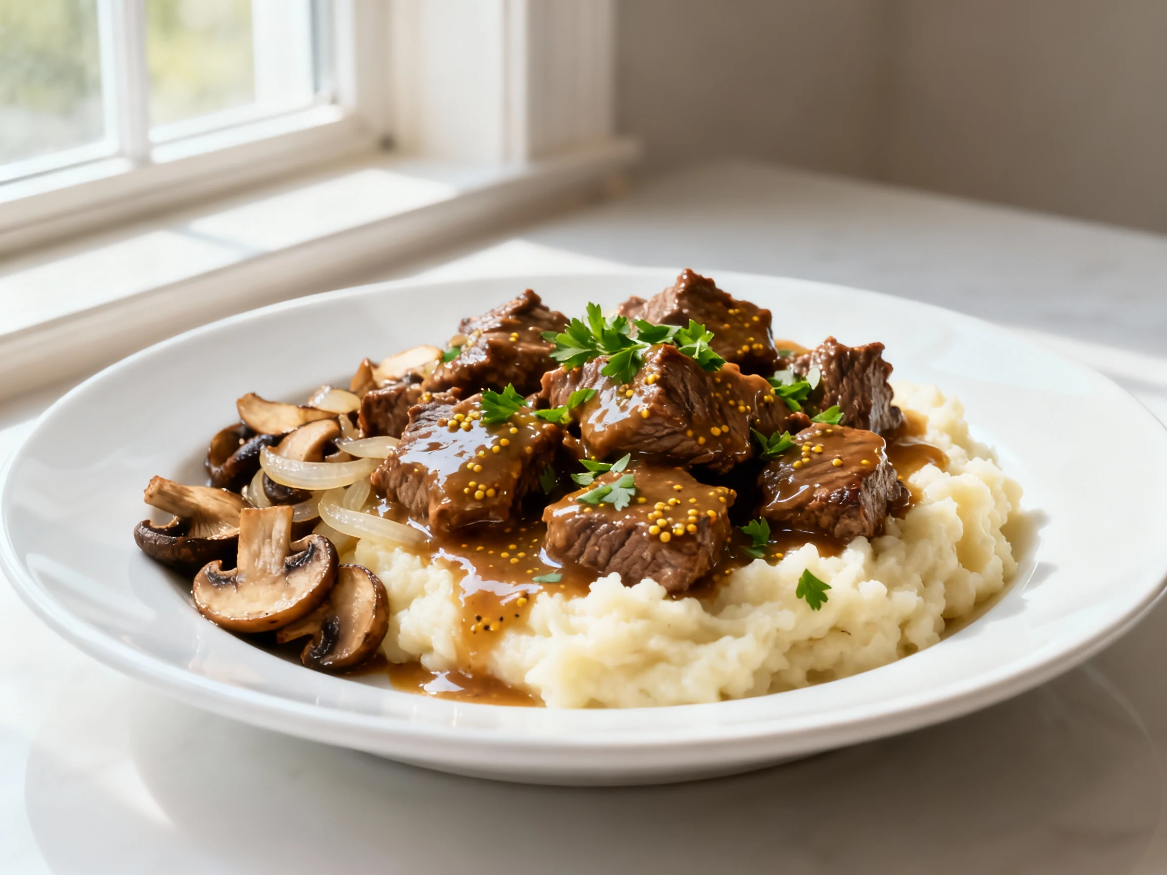 Food photography, 2. Beautifully plated beef tips over creamy mashed potatoes: glossy garlic-butter gravy (finished with