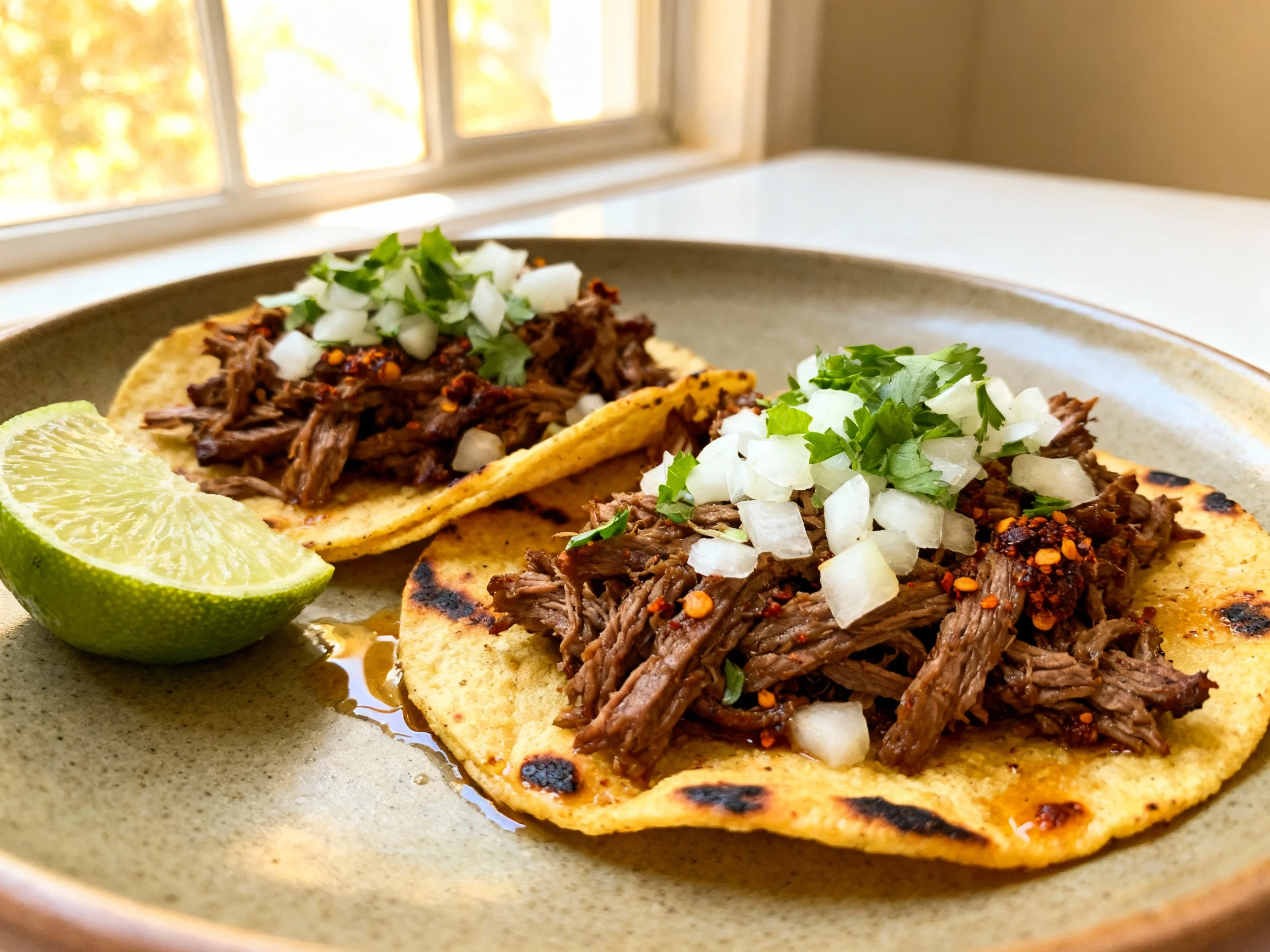 Food photography, Beautifully plated barbacoa-style beef tacos: warm corn tortillas piled with juicy shredded beef, flec