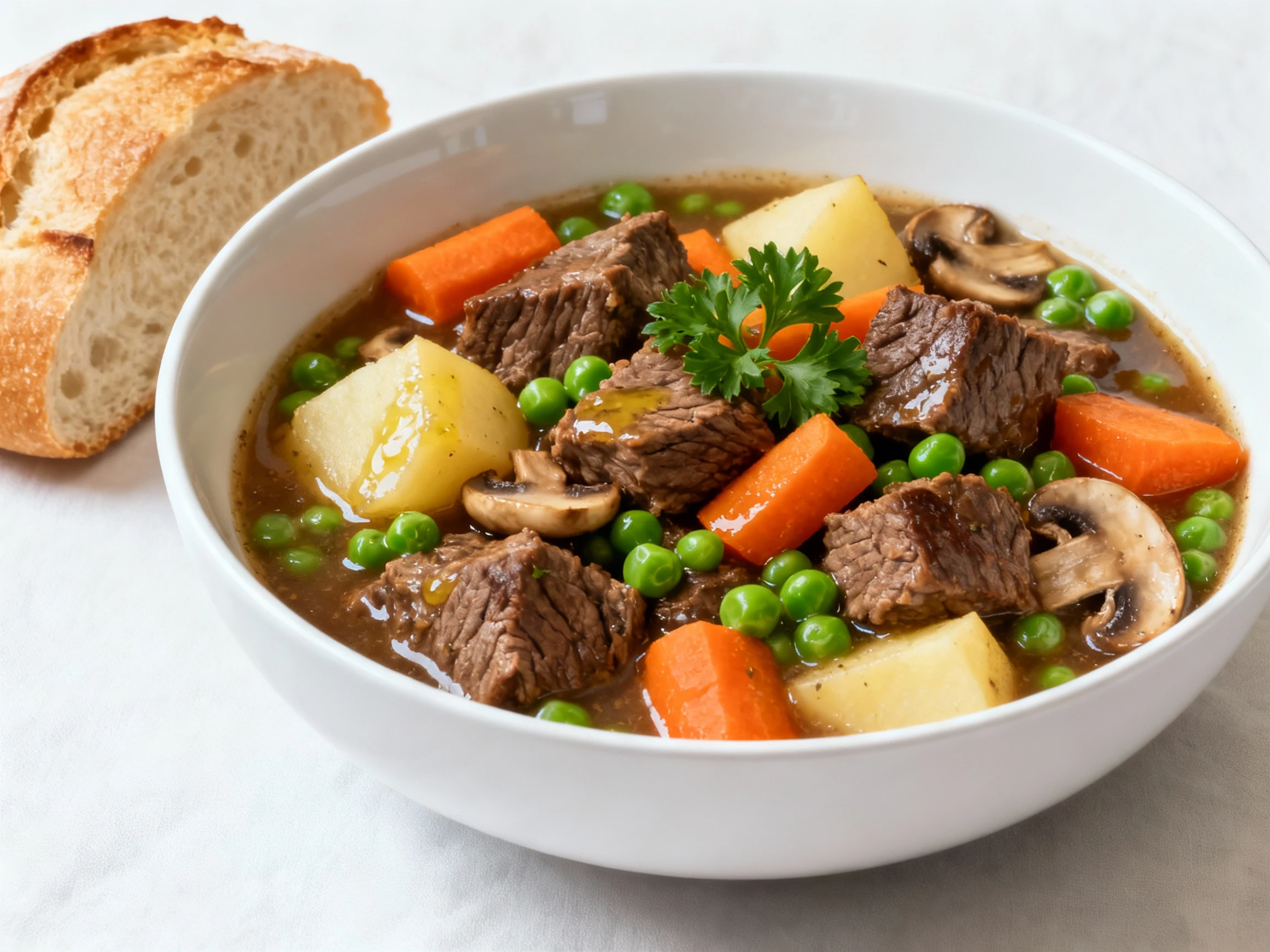 Food photography, Beautifully plated beef stew in a wide white bowl: tender chuck cubes, carrot and potato chunks, mushr