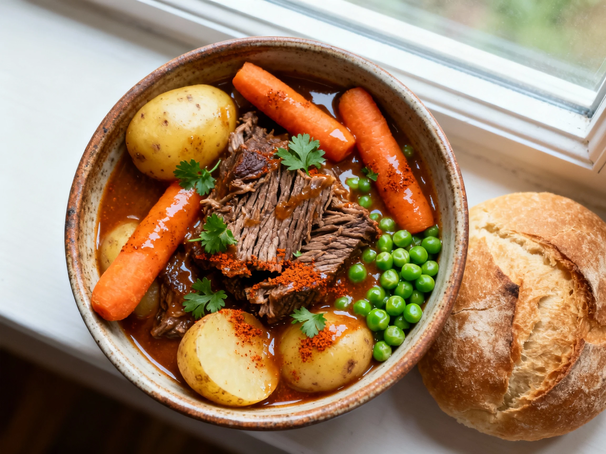 Food photography, Overhead shot of beef stew in a rustic ceramic bowl—fork‑tender chuck, 1.5‑inch carrots and gold potat