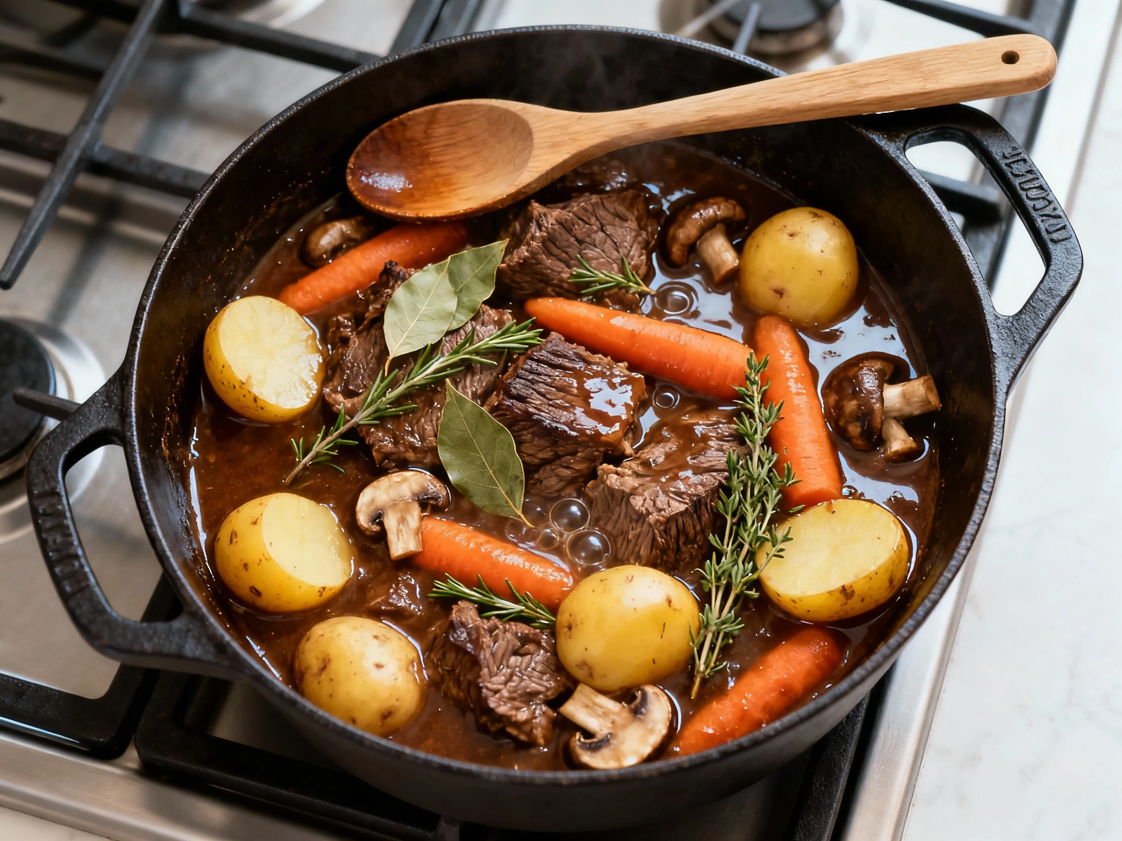 Food photography, Overhead shot of simmering beef stew in a cast-iron Dutch oven: tender chuck, halved baby gold potatoe