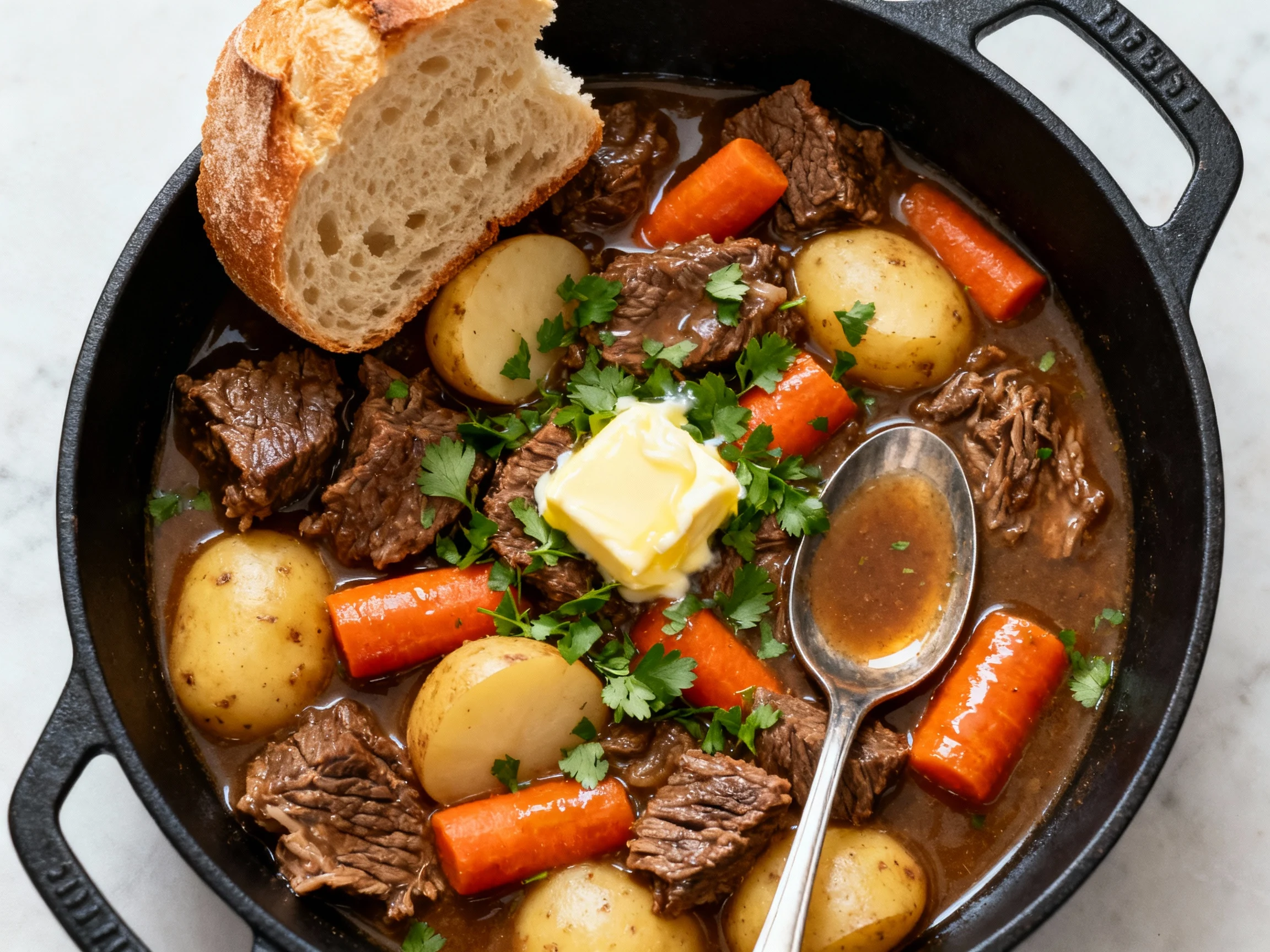 Food photography, Overhead shot of finished beef stew in a matte black Dutch oven—fork-tender beef, just-soft Yukon gold