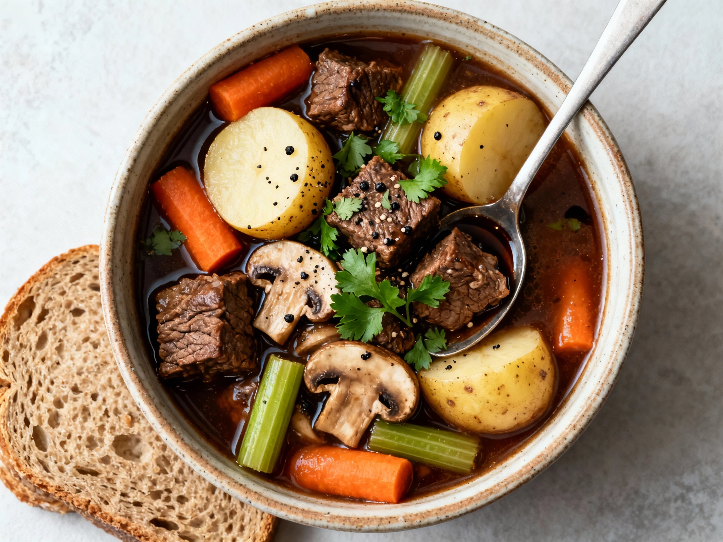 Food photography, Overhead shot: final bowl of healthy slow-cooker beef stew—tender beef chuck cubes, halved Yukon gold 