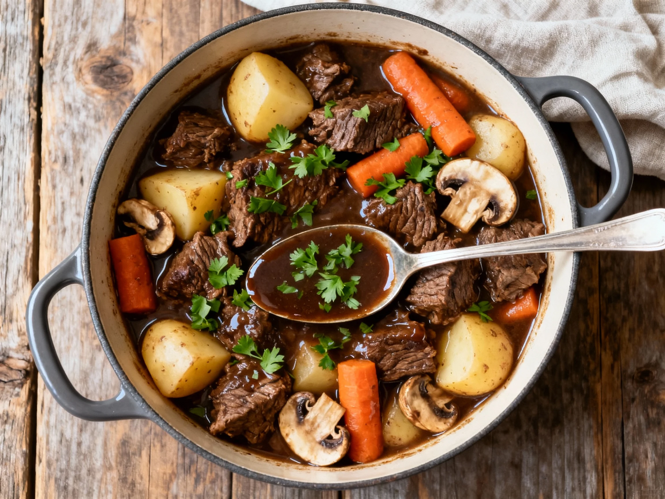 Food photography, Overhead shot of finished beef and Guinness stew in an enameled Dutch oven: tender beef, Yukon Gold po