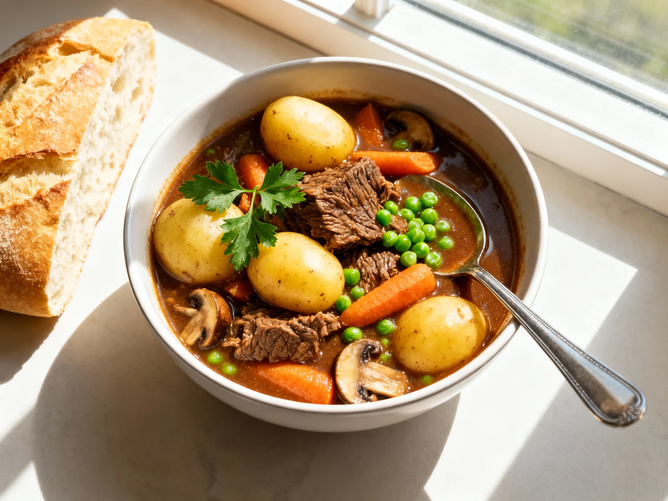 Food photography, Overhead bowl of thick beef stew: spoon-coating mahogany gravy, fork-tender chuck, golden Yukon Gold p