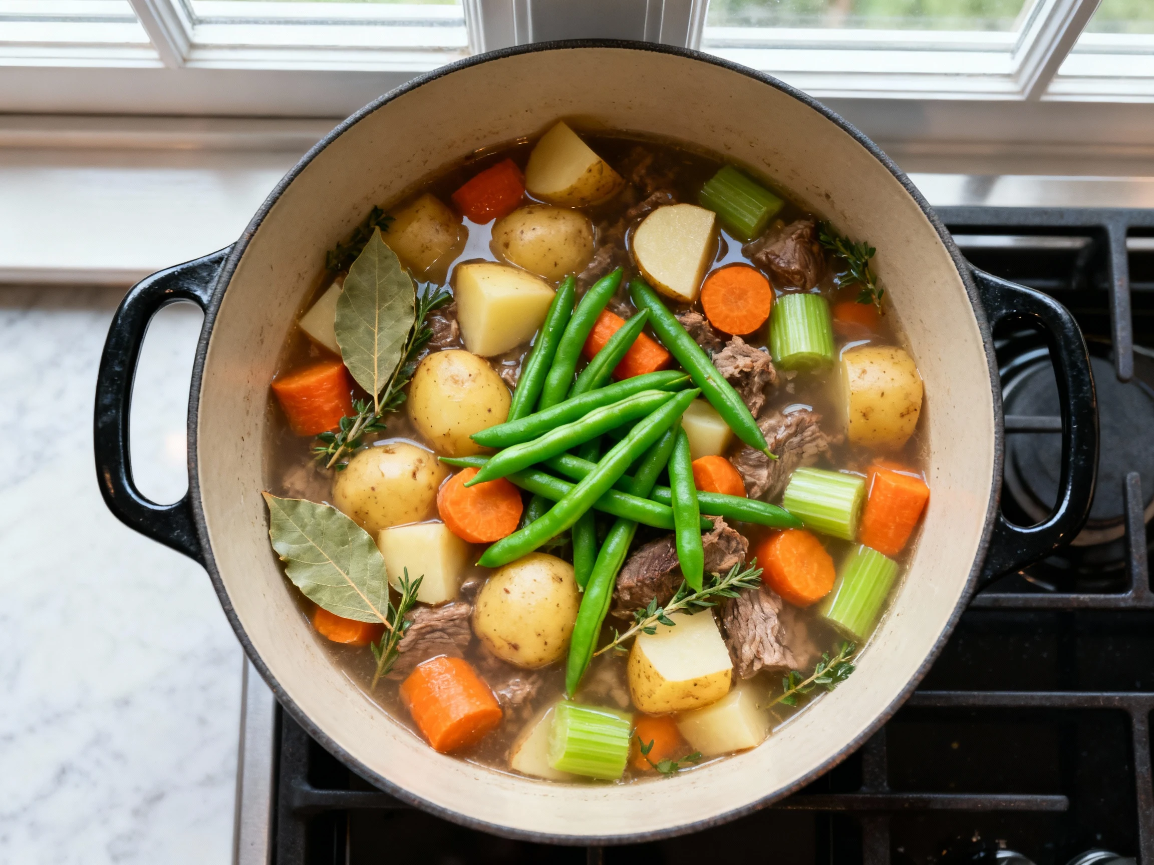 Food photography, 2. Overhead shot of the stew gently simmering in a Dutch oven: distinct 1–1.5-inch potato, carrot, and