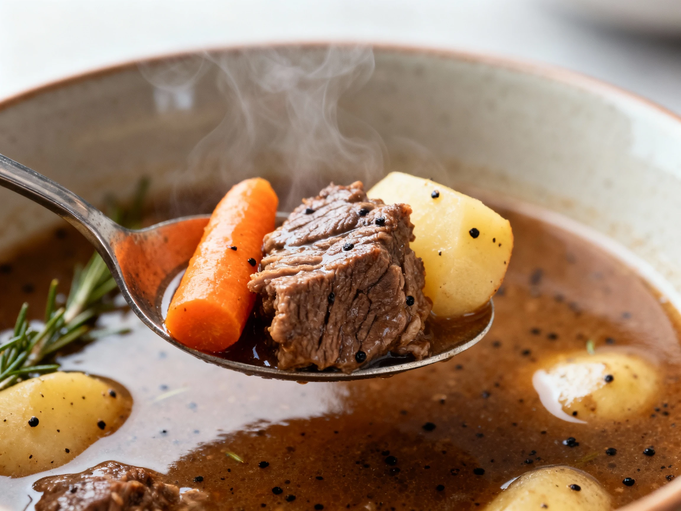 Food photography, Close-up detail: Spoon lifting tender beef chuck with a carrot and potato from glossy, rich broth spec