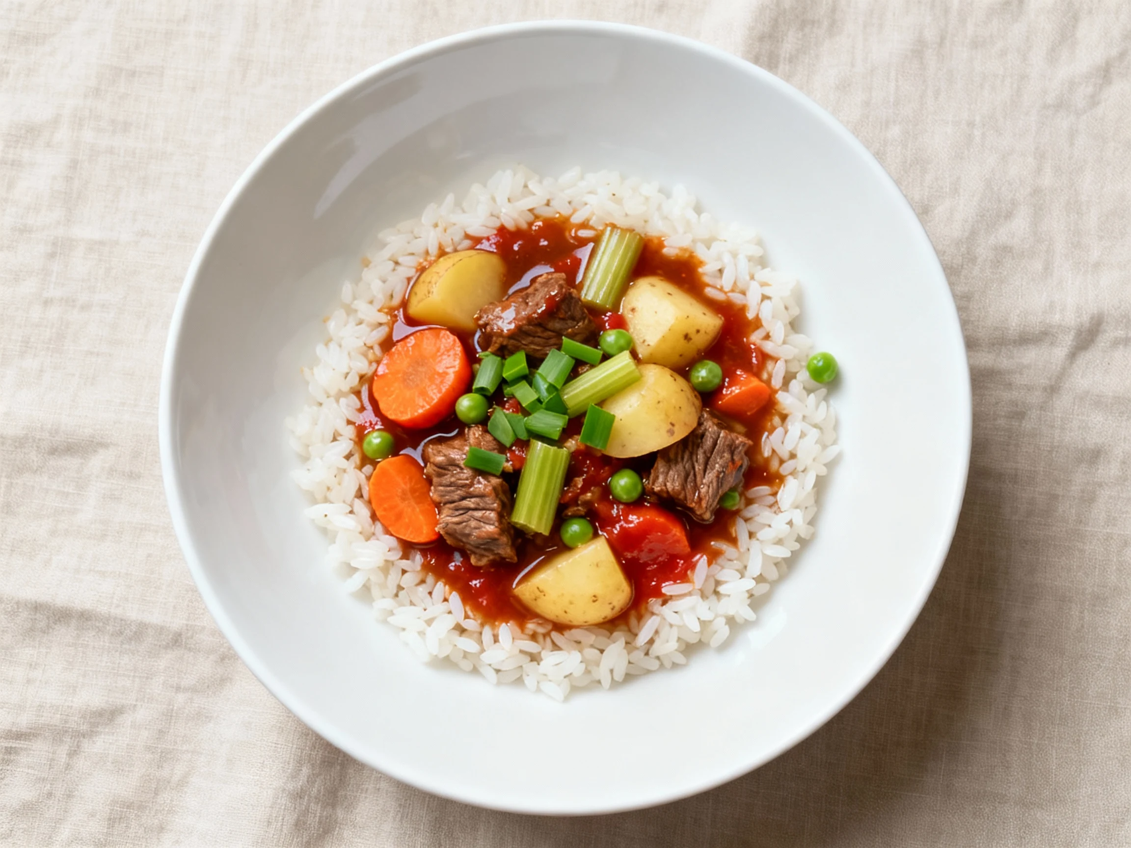 Food photography, Overhead final dish: slow cooker beef stew in a matte black bowl with spoon-tender beef, golden potato