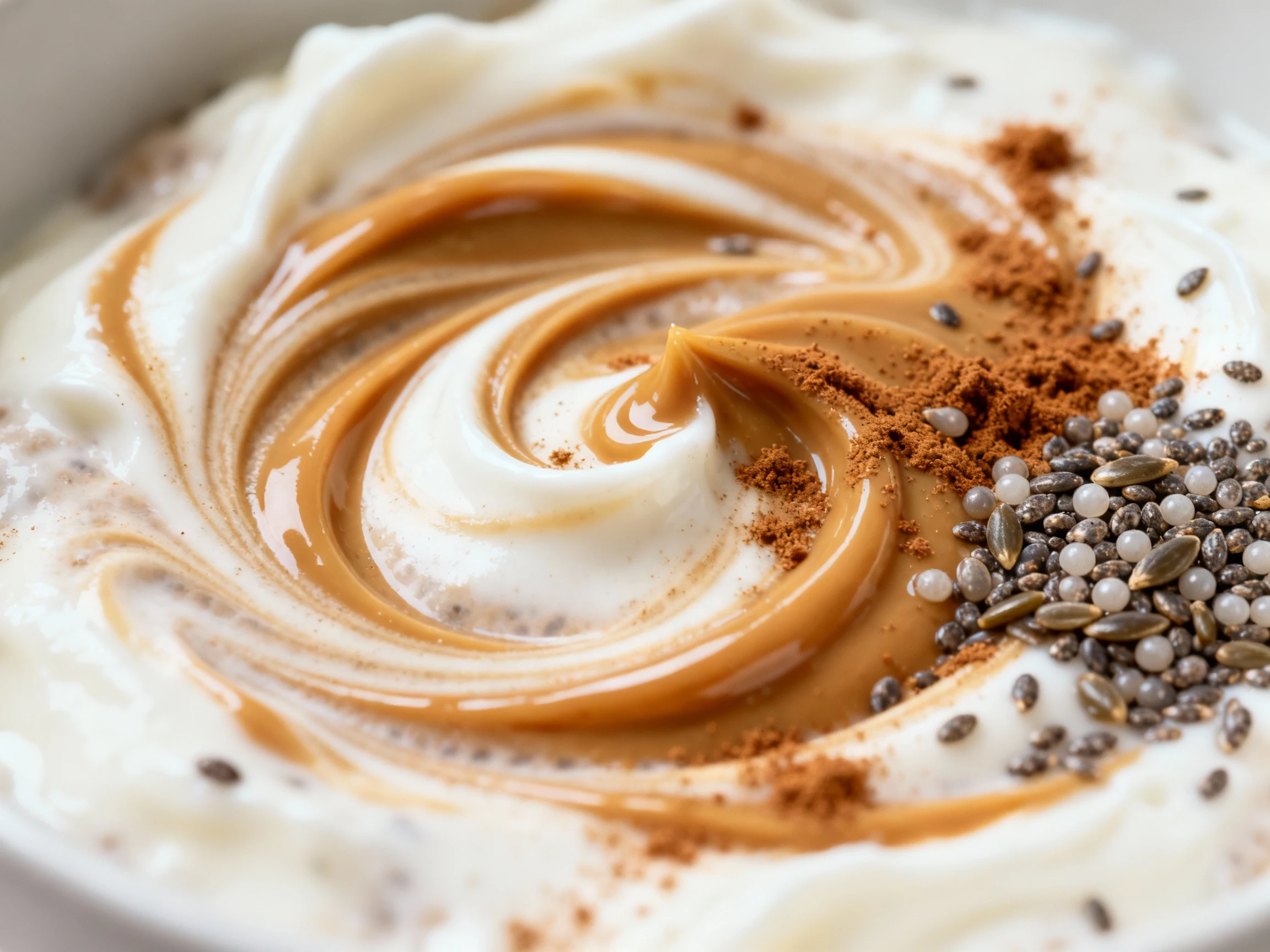 Food photography, 2. Close-up detail: creamy base with Greek yogurt folded in and almond/peanut butter swirled into glos