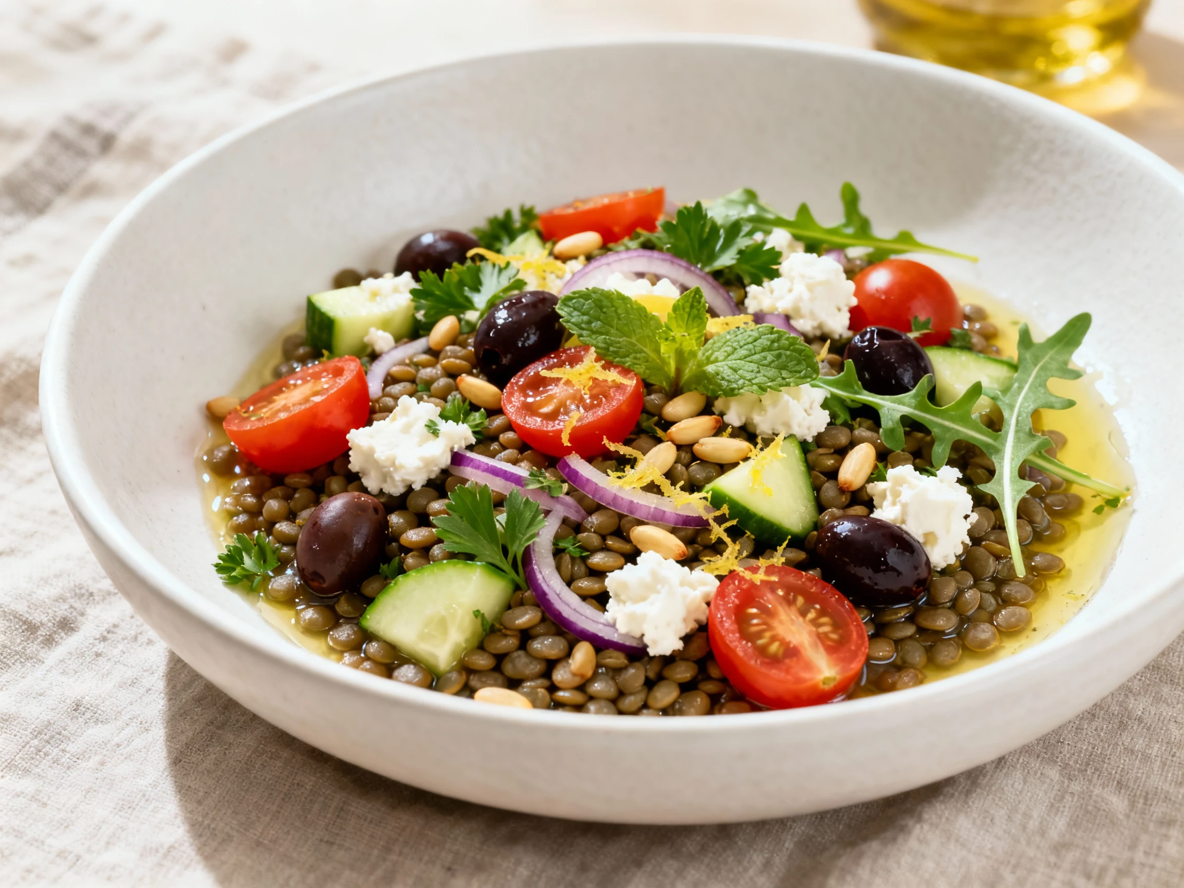 Food photography, Beautifully plated Mediterranean lentil salad with cherry tomatoes, cucumber, red onion, Kalamata oliv