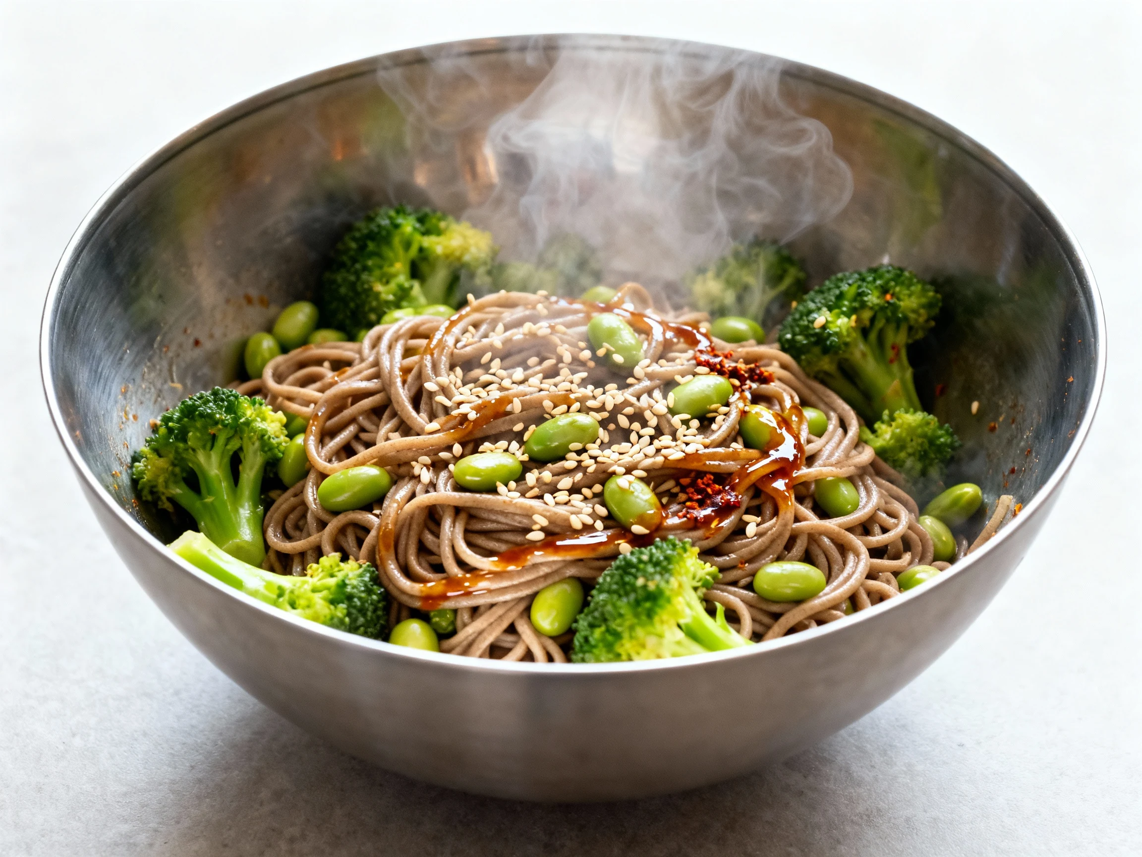 Food photography, Cooking process: sesame-ginger soba being tossed hot with broccoli and edamame in a stainless mixing b