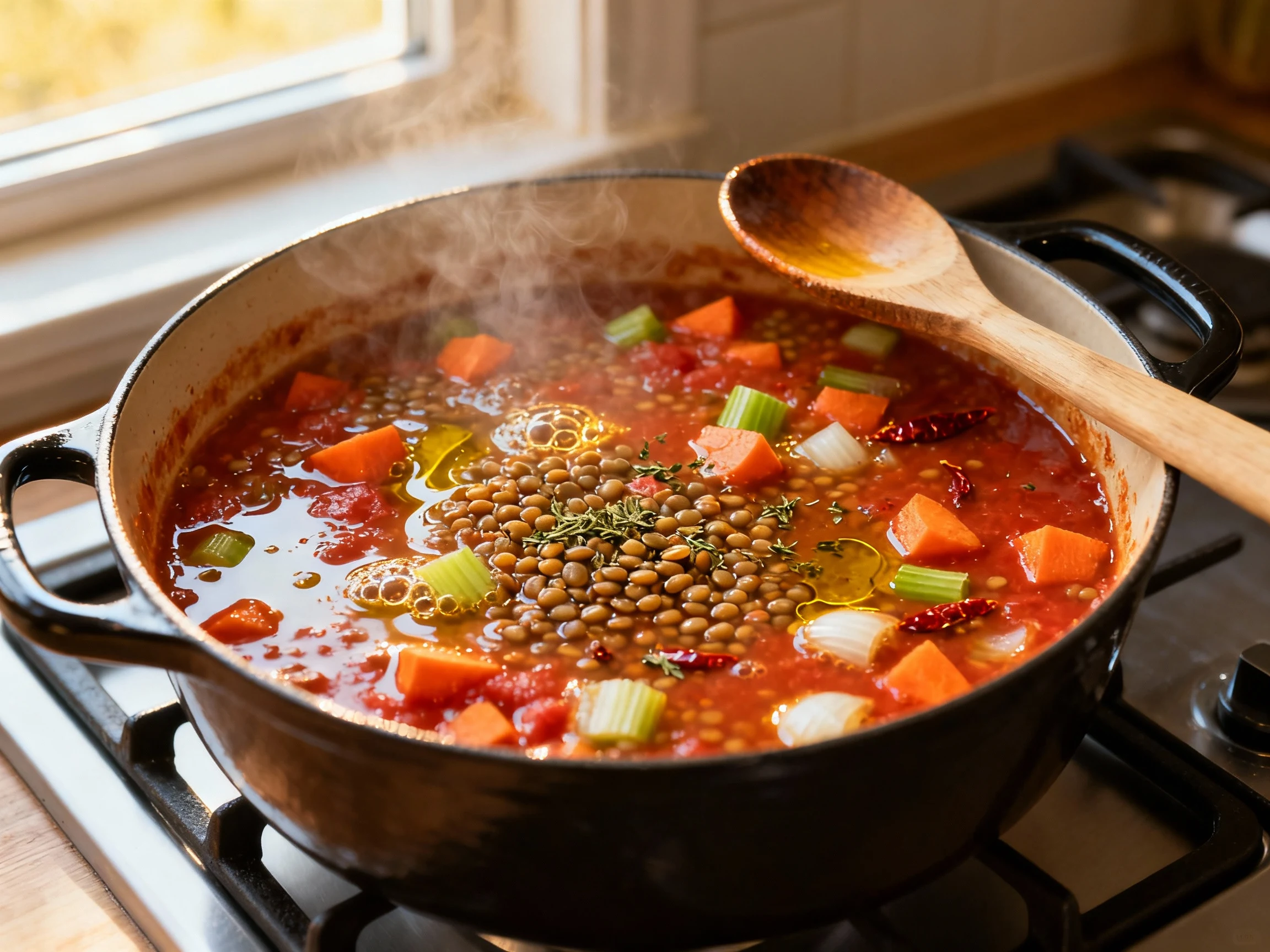 Food photography, Cooking process shot: Lentil Bolognese simmering in a Dutch oven—thick tomato-lentil sauce with visibl