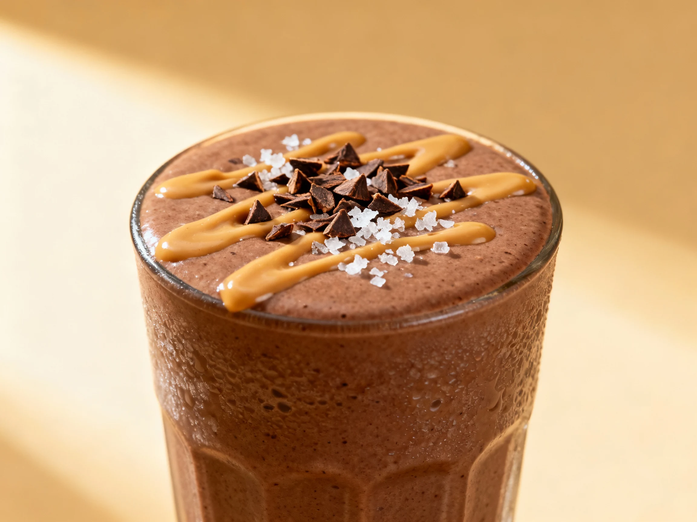 Food photography, Close-up of Chocolate PB Fiber Shake—ultra-thick chocolate-brown smoothie in a frosty tumbler, peanut