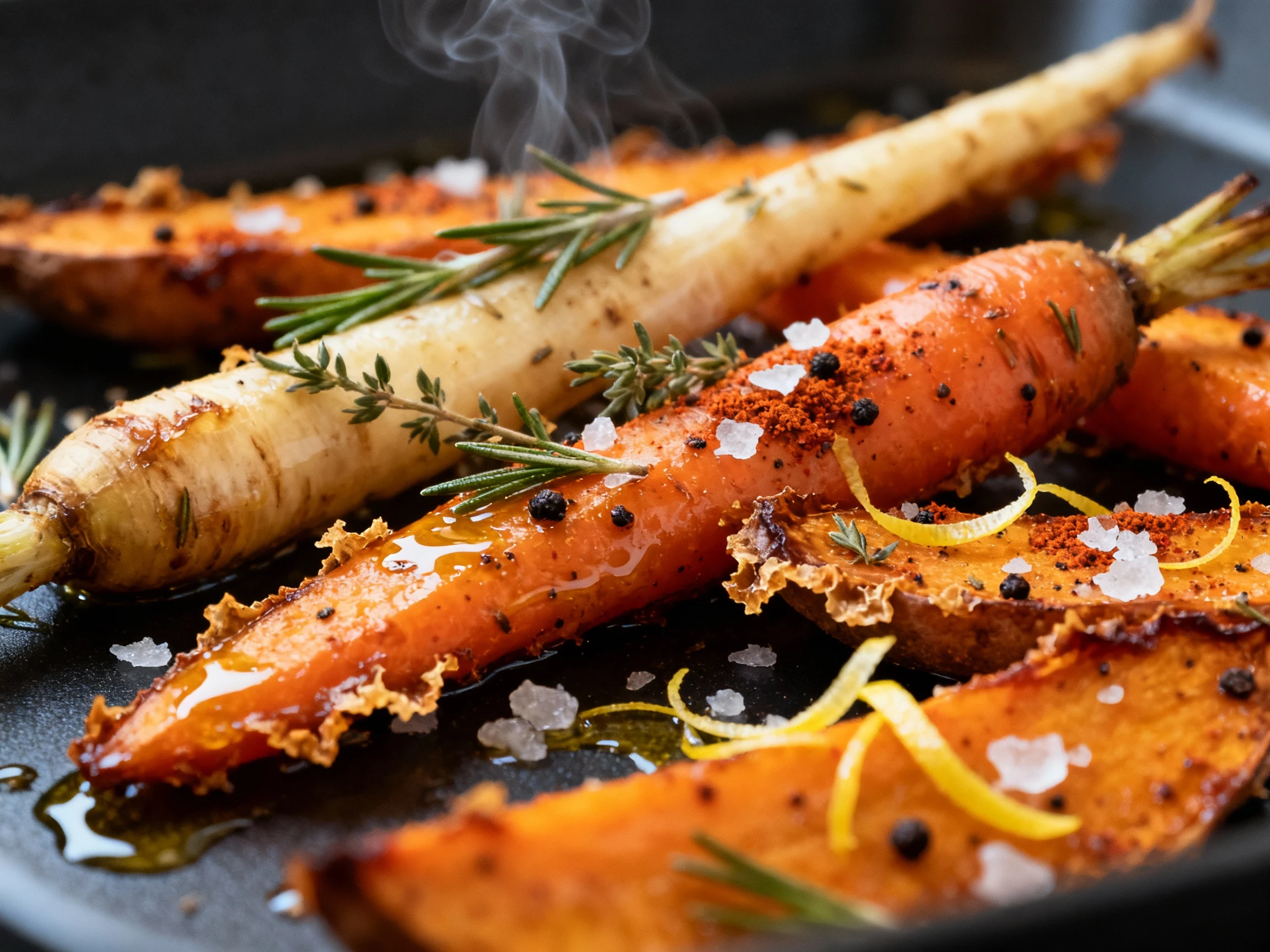 Food photography, Close-up macro of caramelized roasted roots with crispy, crackly edges—carrots, parsnips, sweet potato
