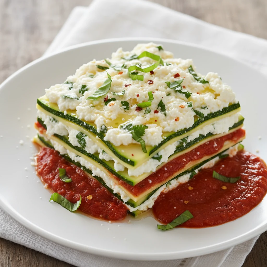 Food photography, Overhead final plate: neatly sliced zucchini noodle gluten-free lasagna on a white plate—tall, defined