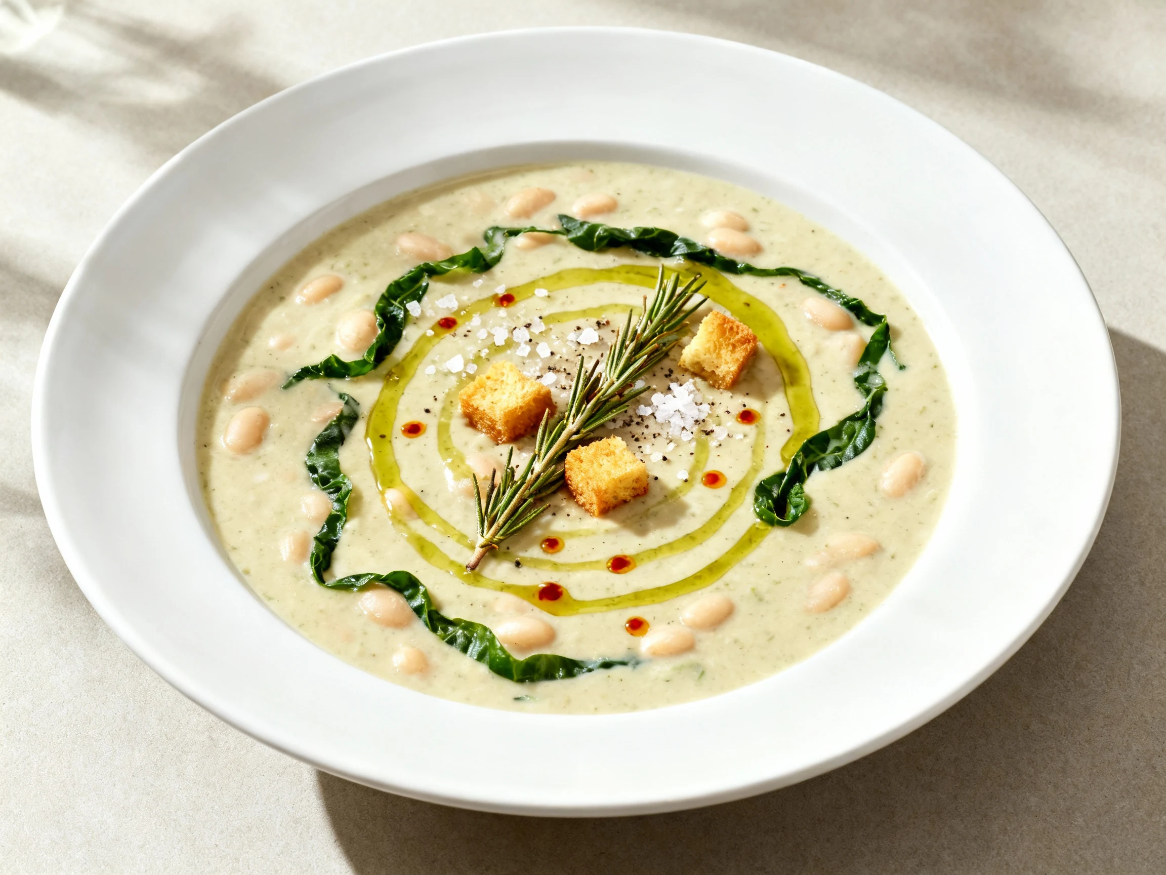 Food photography, Overhead shot of creamy dairy-free white bean & rosemary soup in a wide white bowl, finished with extr