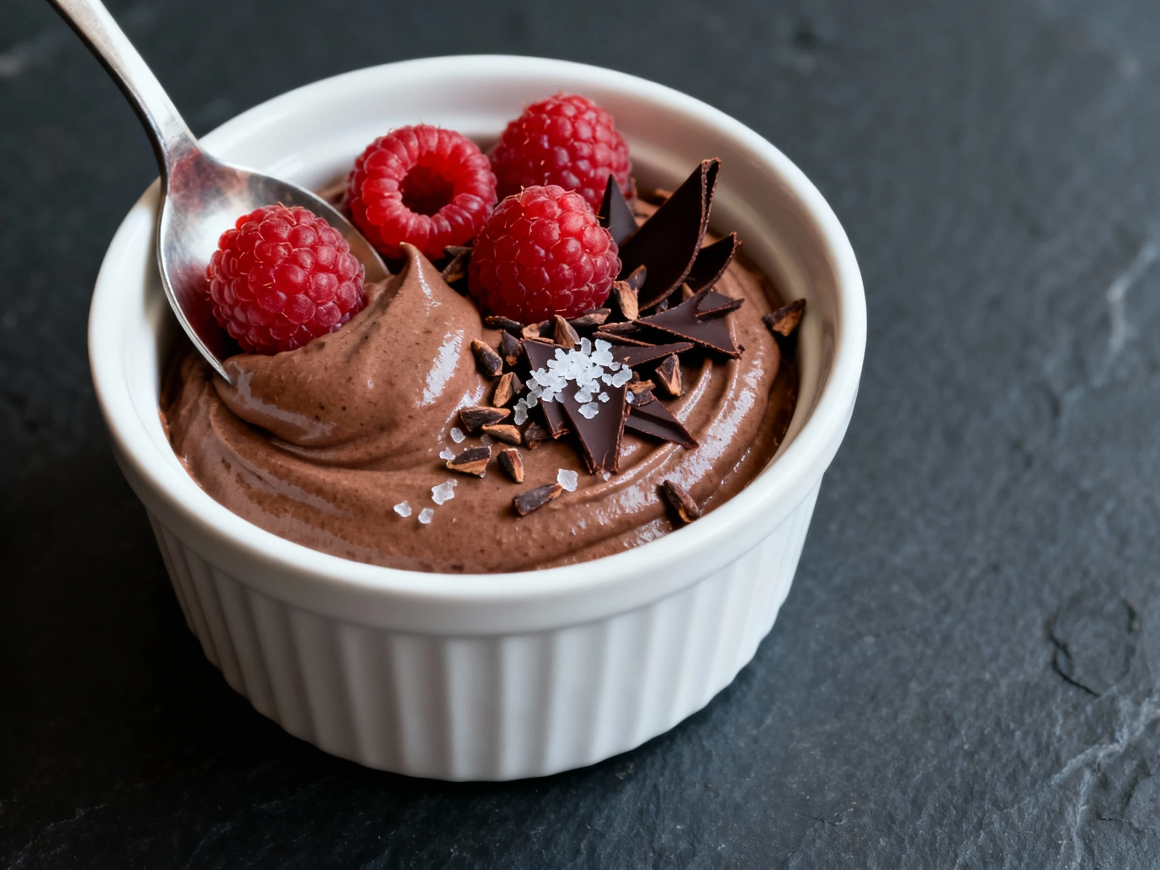 Food photography, Final plated: chilled chocolate avocado mousse in matte white ramekin, topped with fresh raspberries, 