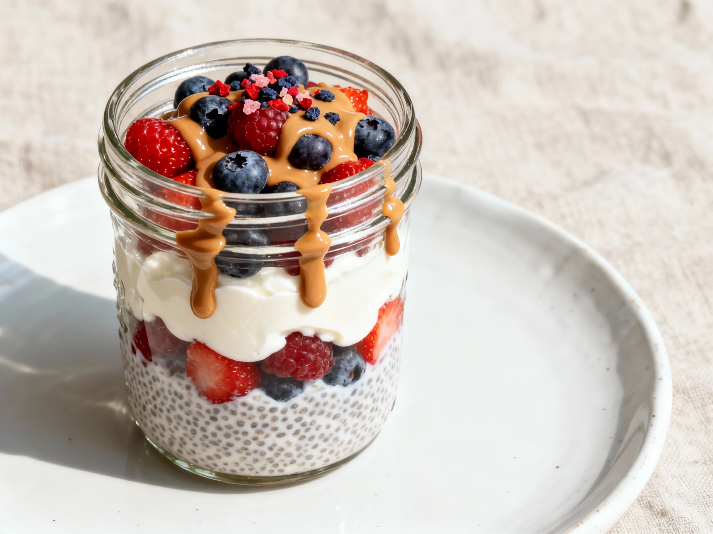 Food photography, Final dish presentation: Berry Chia Yogurt Parfait layered in a clear glass jar—vanilla chia pudding, 