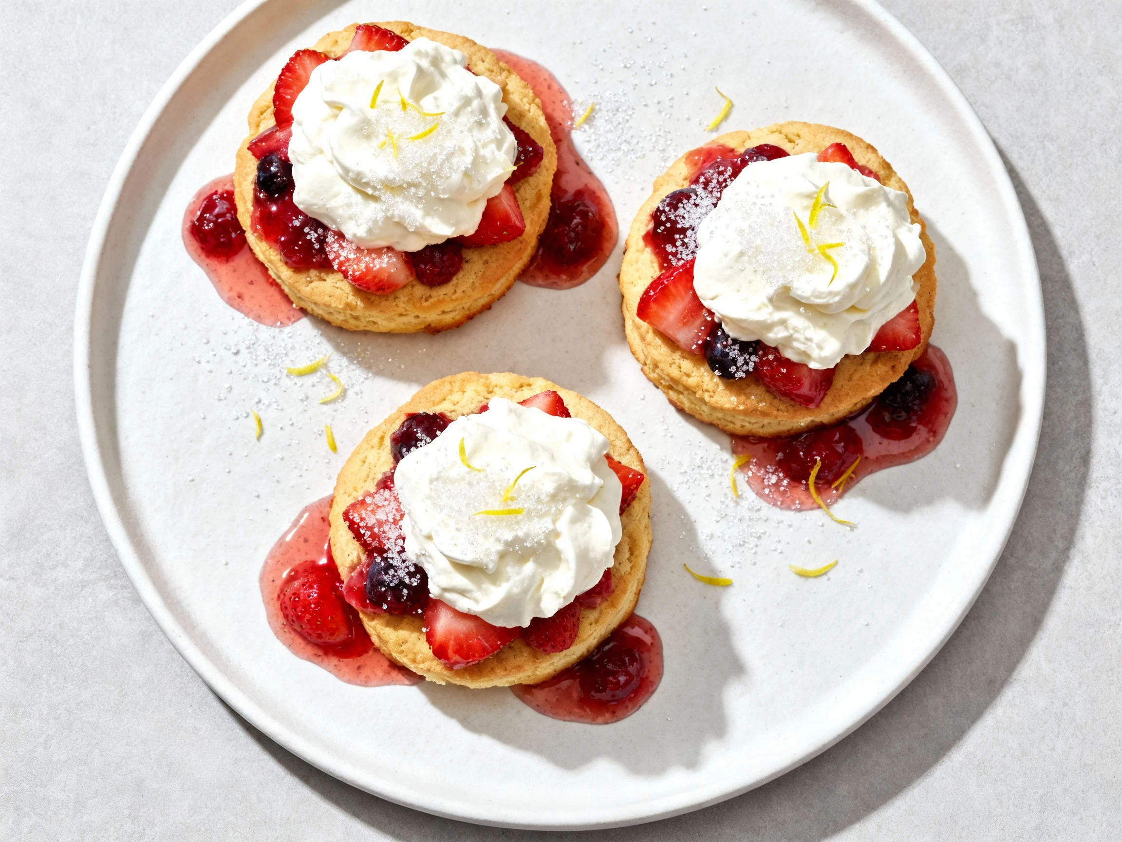 Food photography, Overhead shot of assembled strawberry shortcakes—golden biscuits crowned with billowy mascarpone-stabi