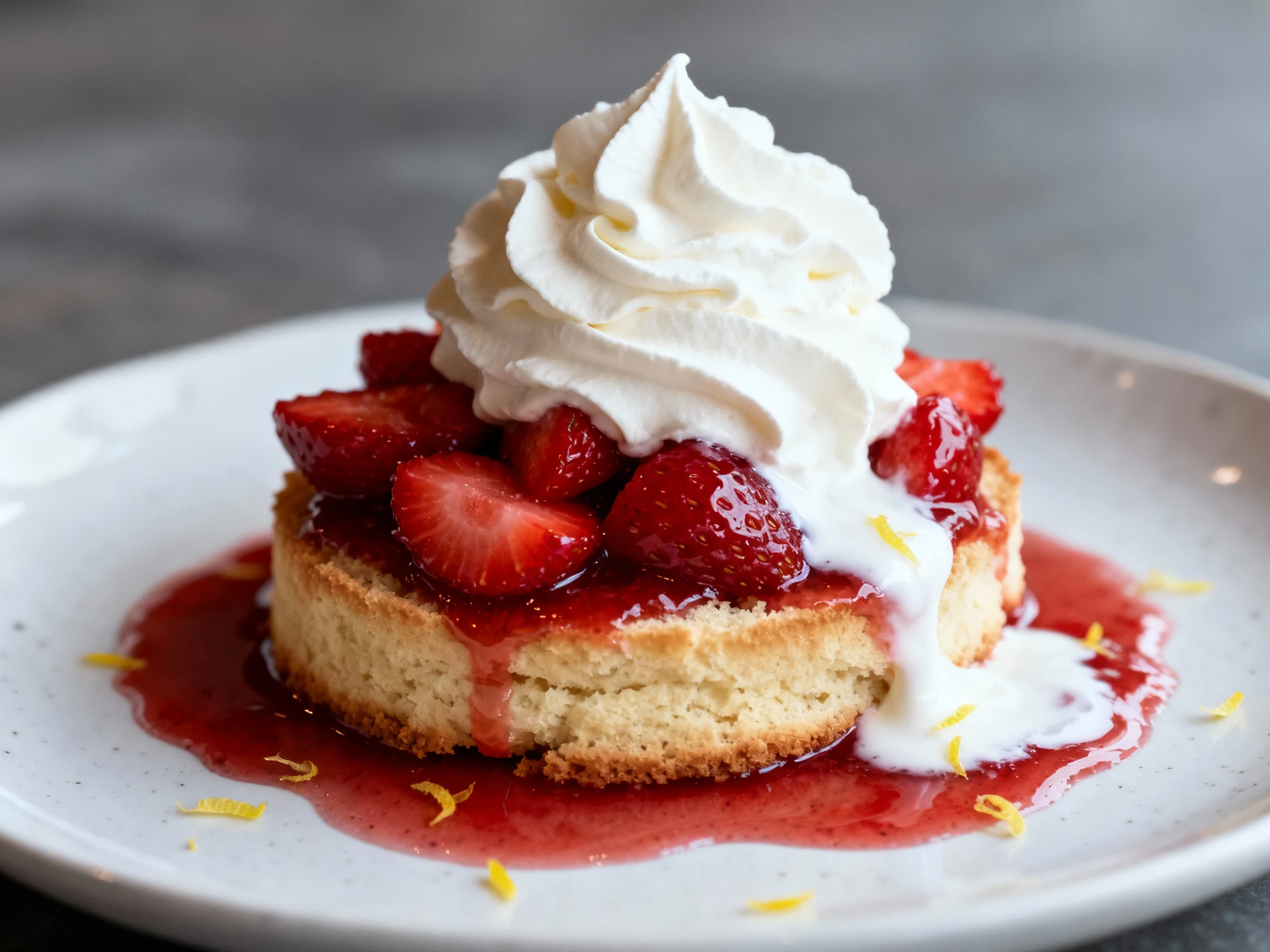 Food photography, Macro close-up of assembly: split shortcake bottom piled with macerated strawberries in glossy syrup, 