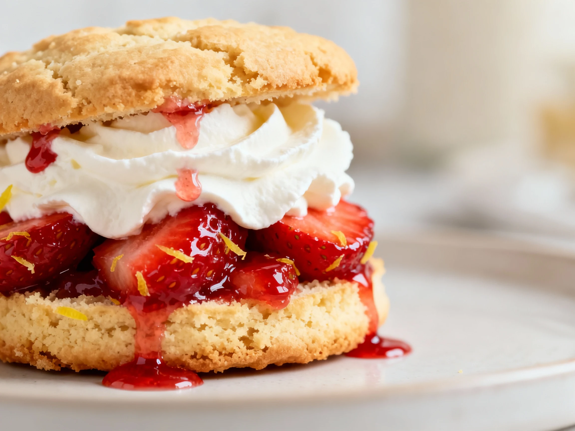 Food photography, Close-up of a split almond flour biscuit layered with glossy macerated strawberries (lemon zest flecks