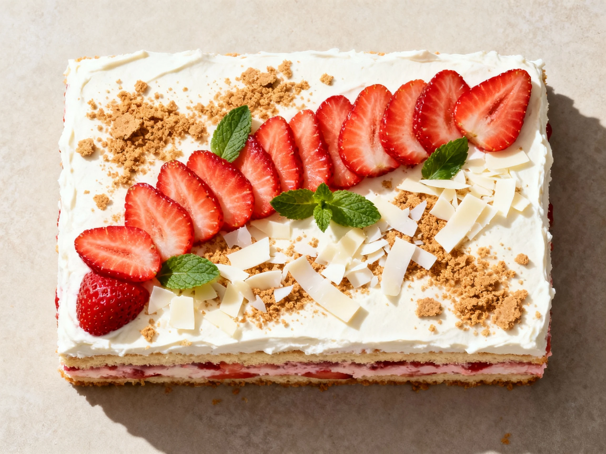 Food photography, Overhead shot of the fully chilled no-bake strawberry shortcake icebox cake: cream-top decorated with 
