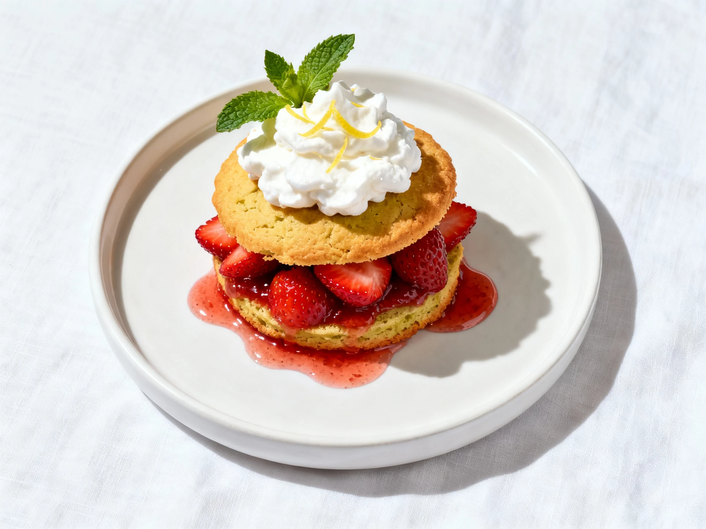 Food photography, Overhead top view: assembled strawberry shortcakes—golden olive oil biscuits layered with juicy macera