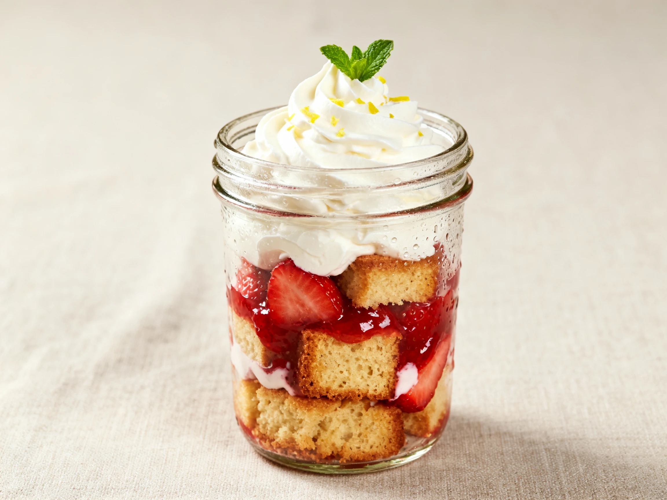 Food photography, 45-degree close-up hero of a finished strawberry shortcake trifle in a jar: crisp layers of toasted ca