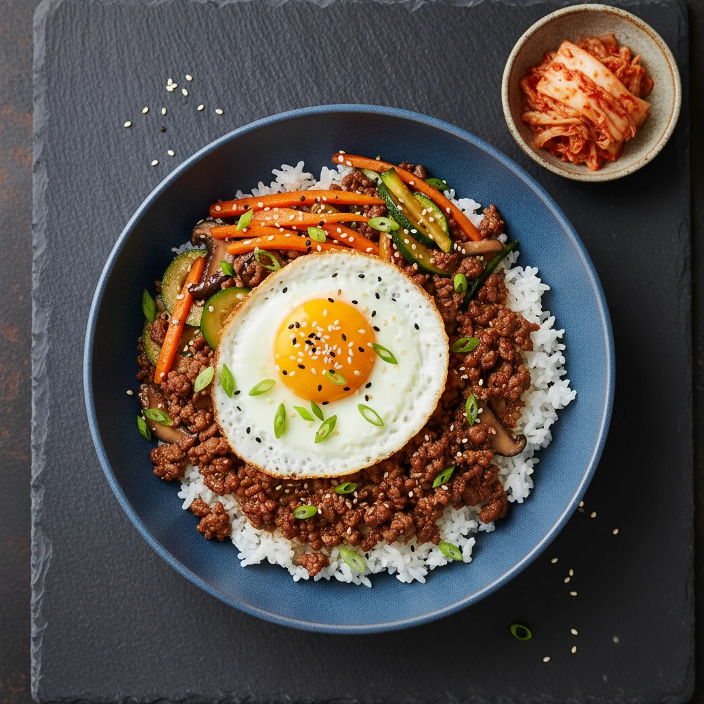 Food photography, Overhead final dish — Korean beef mince & rice bowl with fluffy rice, sticky-saucy beef and crisp-tend