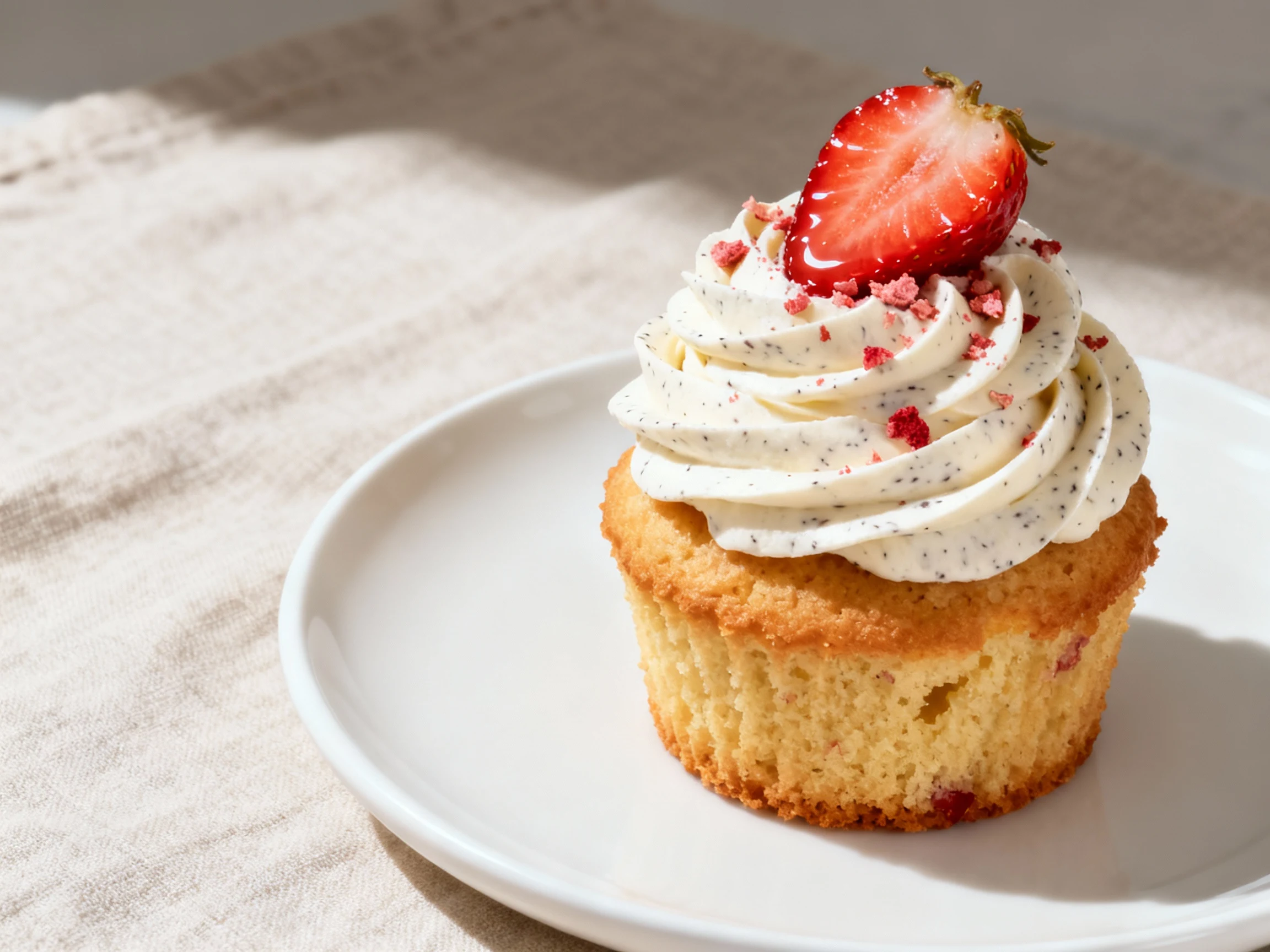 Food photography, 2. Final dish hero: Strawberry shortcake cupcake with tall vanilla bean frosting swirls (speckled), to