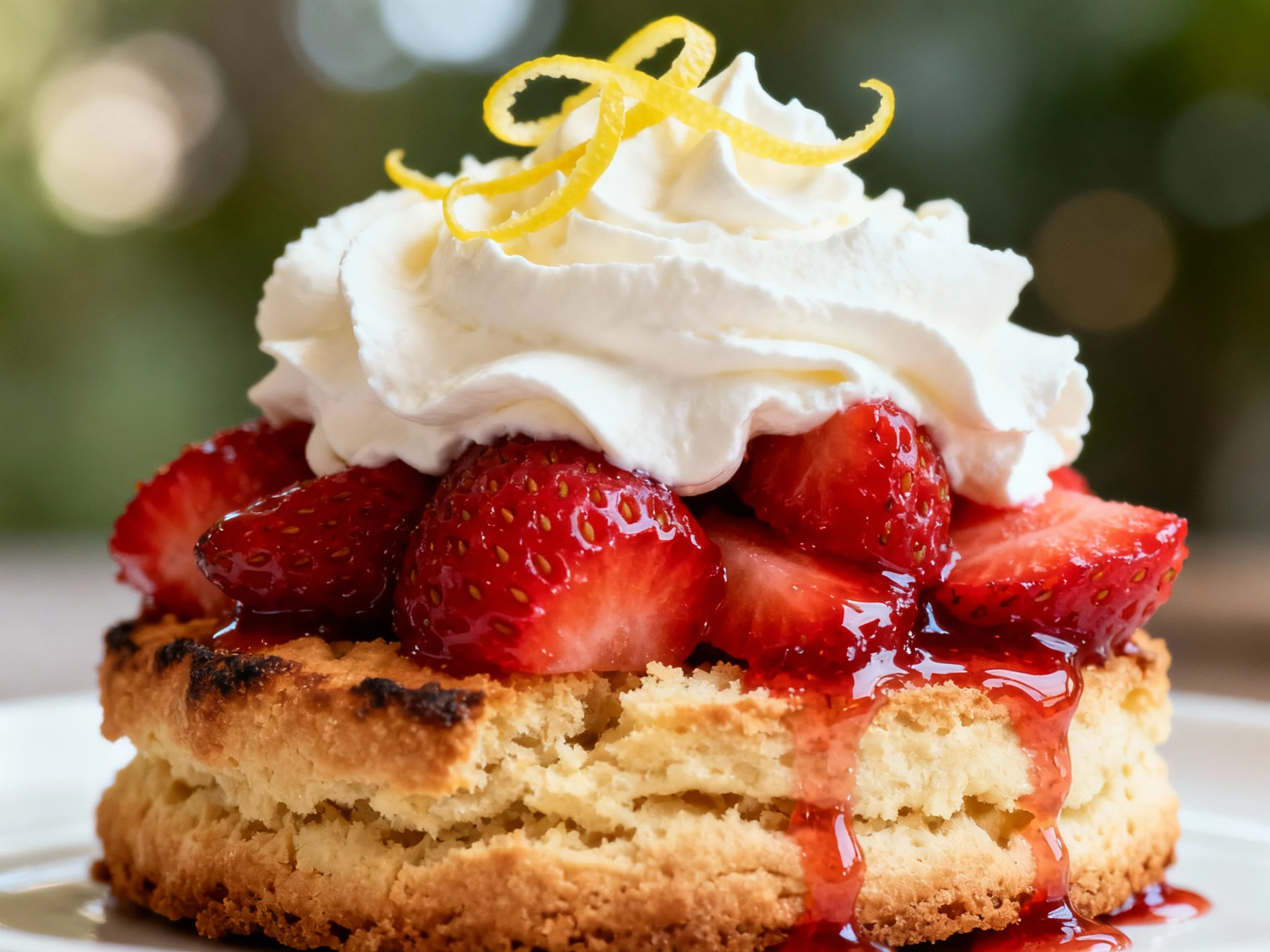 Food photography, Extreme close-up of a split shortcake: flaky, layered brown-butter biscuit with toasted edges, ruby ma