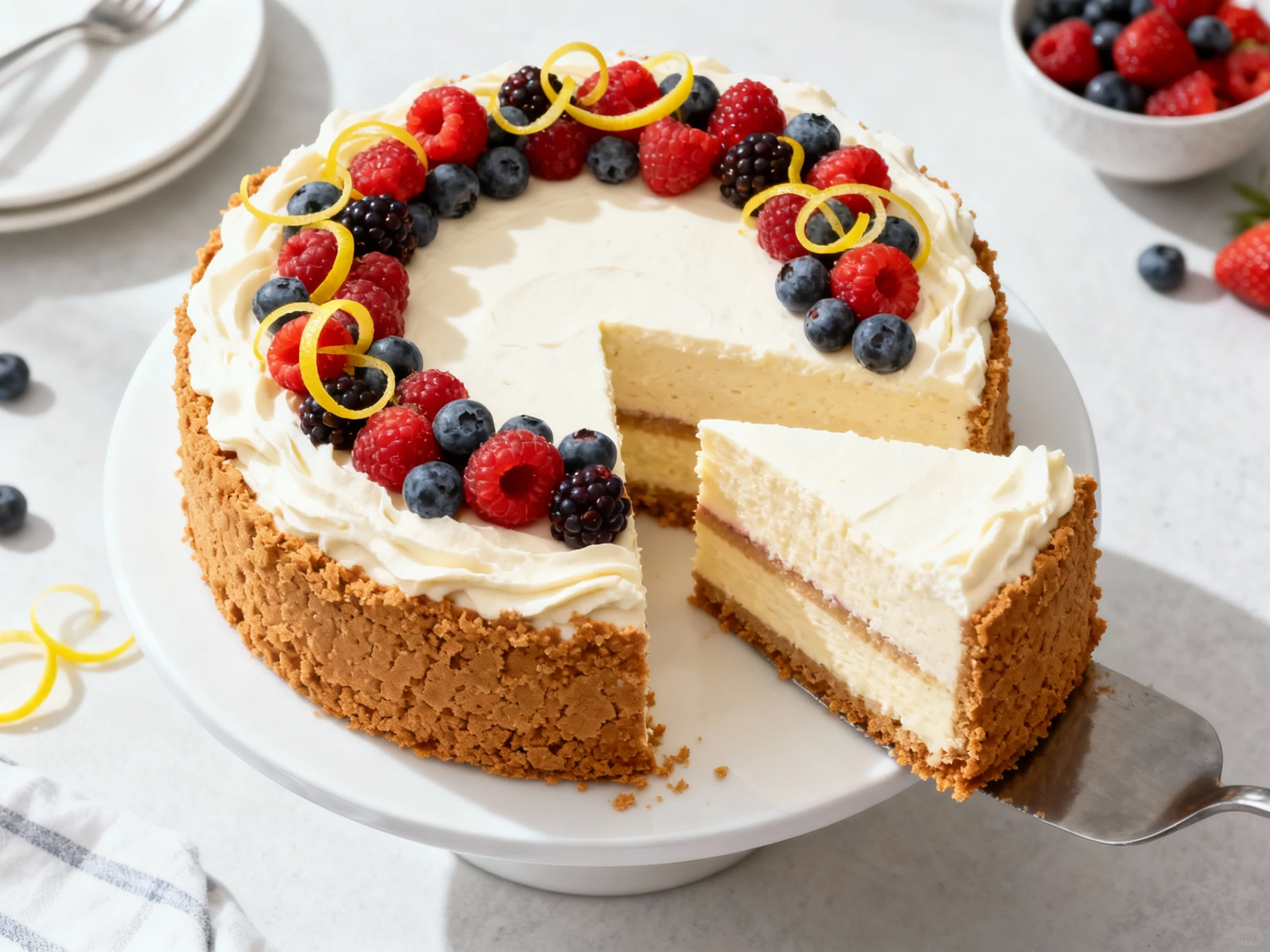 Food photography, Overhead final presentation: fully assembled cheesecake-cake on a white cake stand with cream cheese f