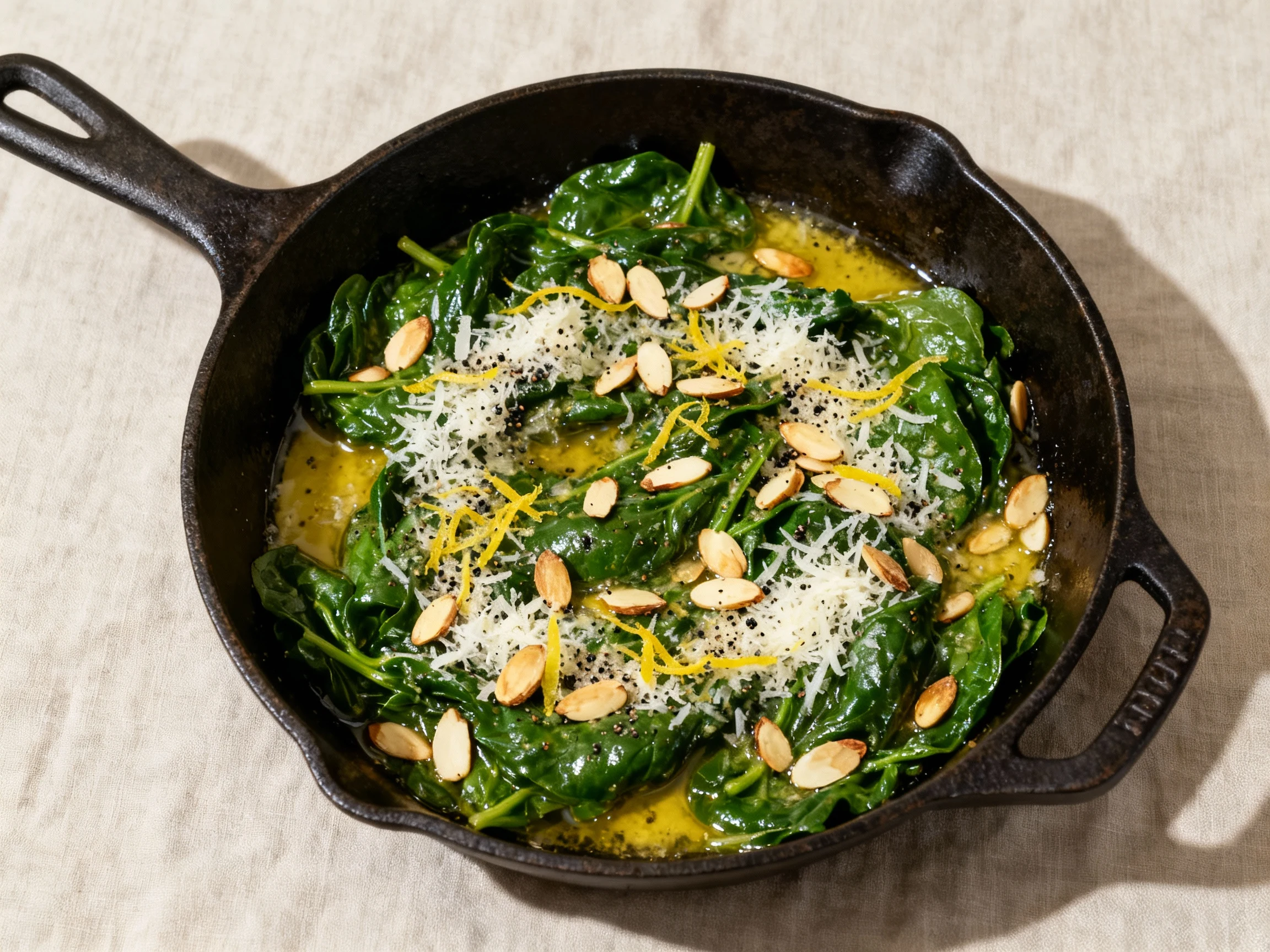 Food photography, Overhead: garlicky lemon spinach finished in cast iron—silky greens glistening with olive oil and butt