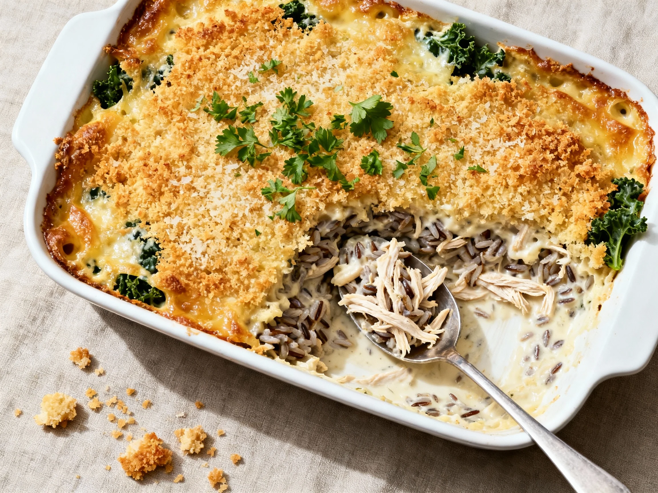 Food photography, 2. Overhead shot of the finished wild rice–chicken casserole in a 9x13 white ceramic dish: bubbling ed