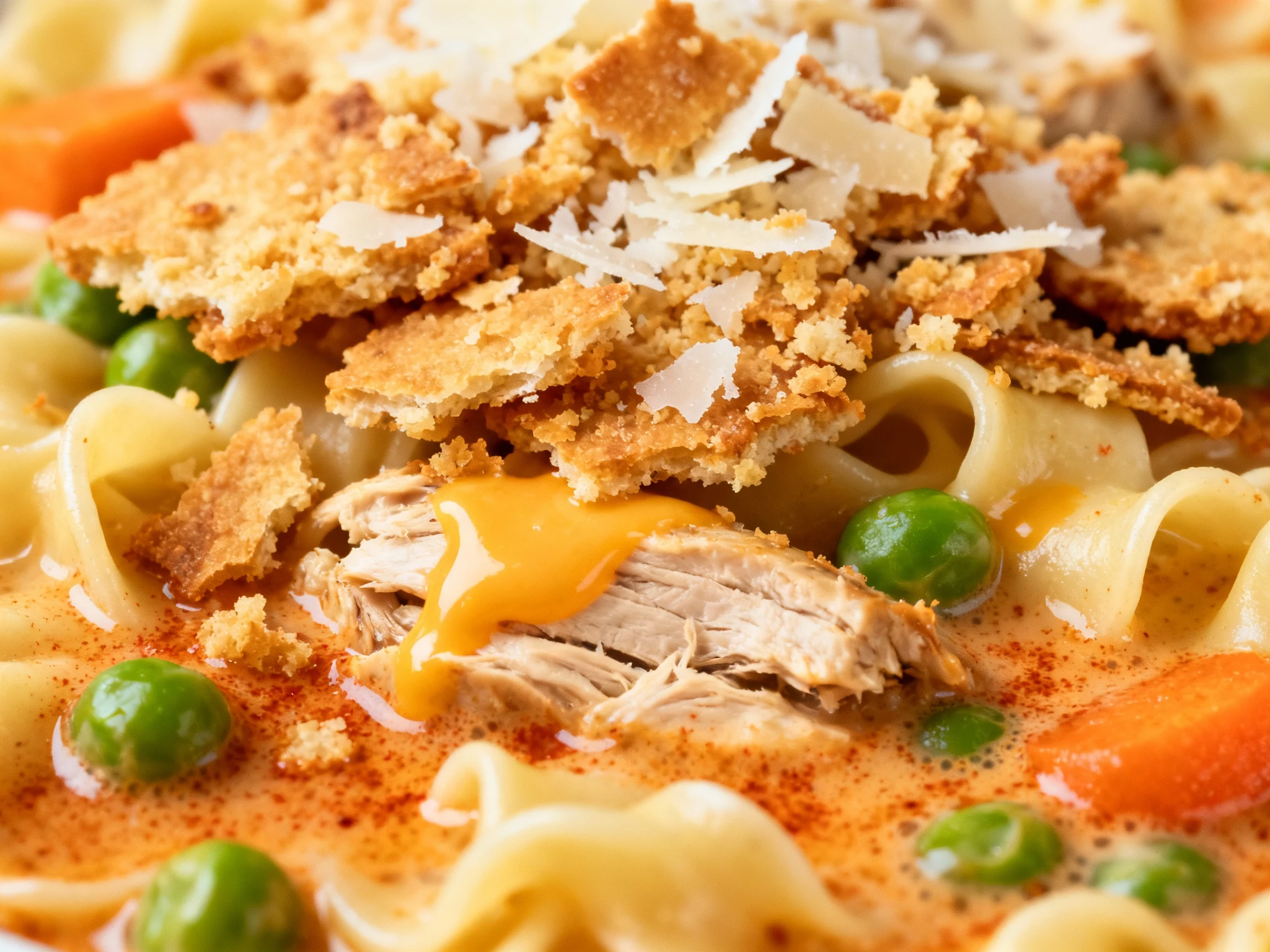 Food photography, Macro close-up of the shatter-crisp cracker-panko-Parmesan topping over creamy egg noodles and canned 
