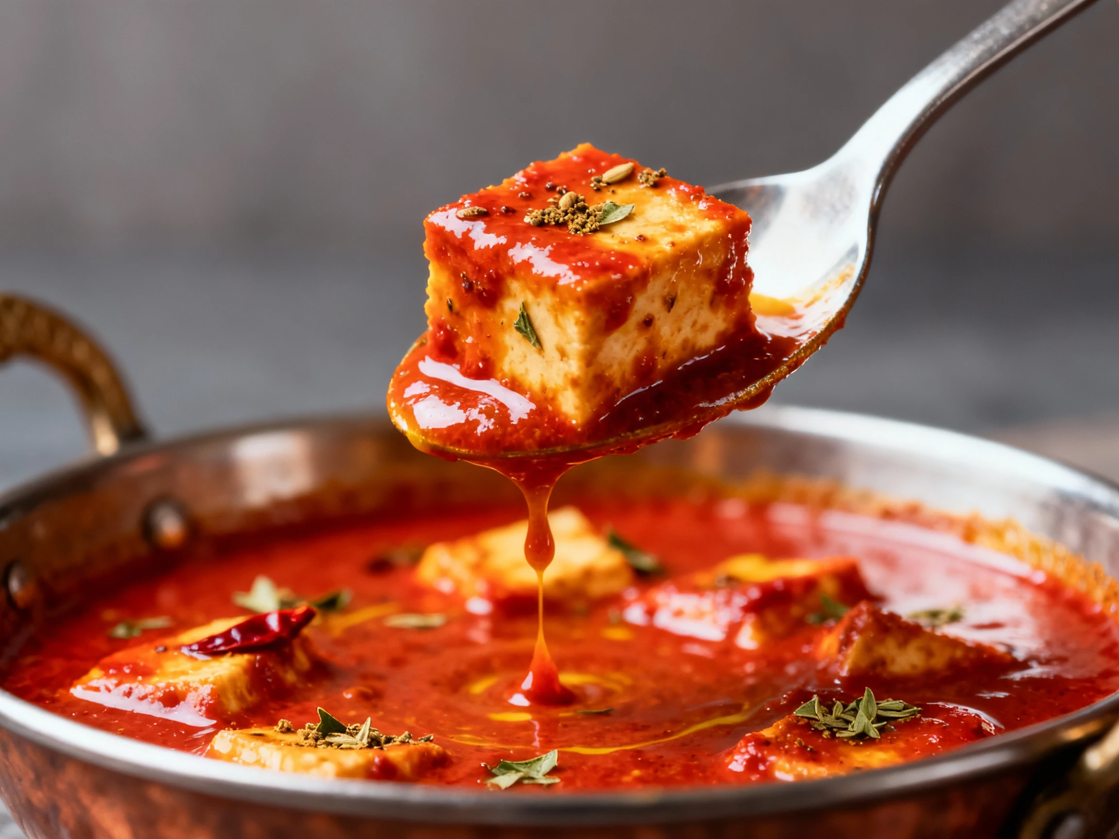 Food photography, Extreme close-up of a spoon lifting a sauce-coated paneer cube above the pan, glassy-smooth gravy with