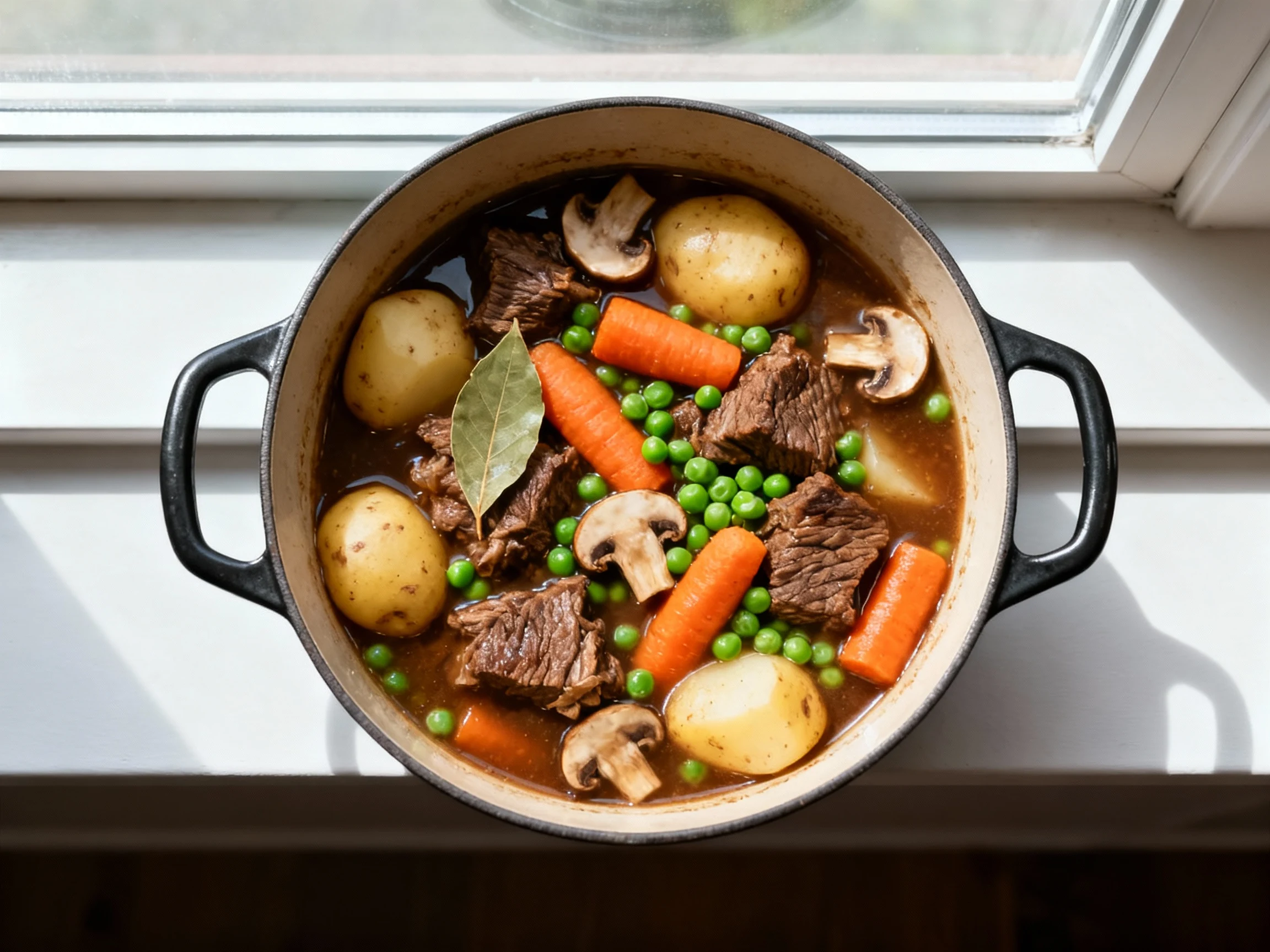 Food photography, Overhead shot of classic beef stew at a gentle simmer in a Dutch oven: tender beef, carrots, Yukon Gol